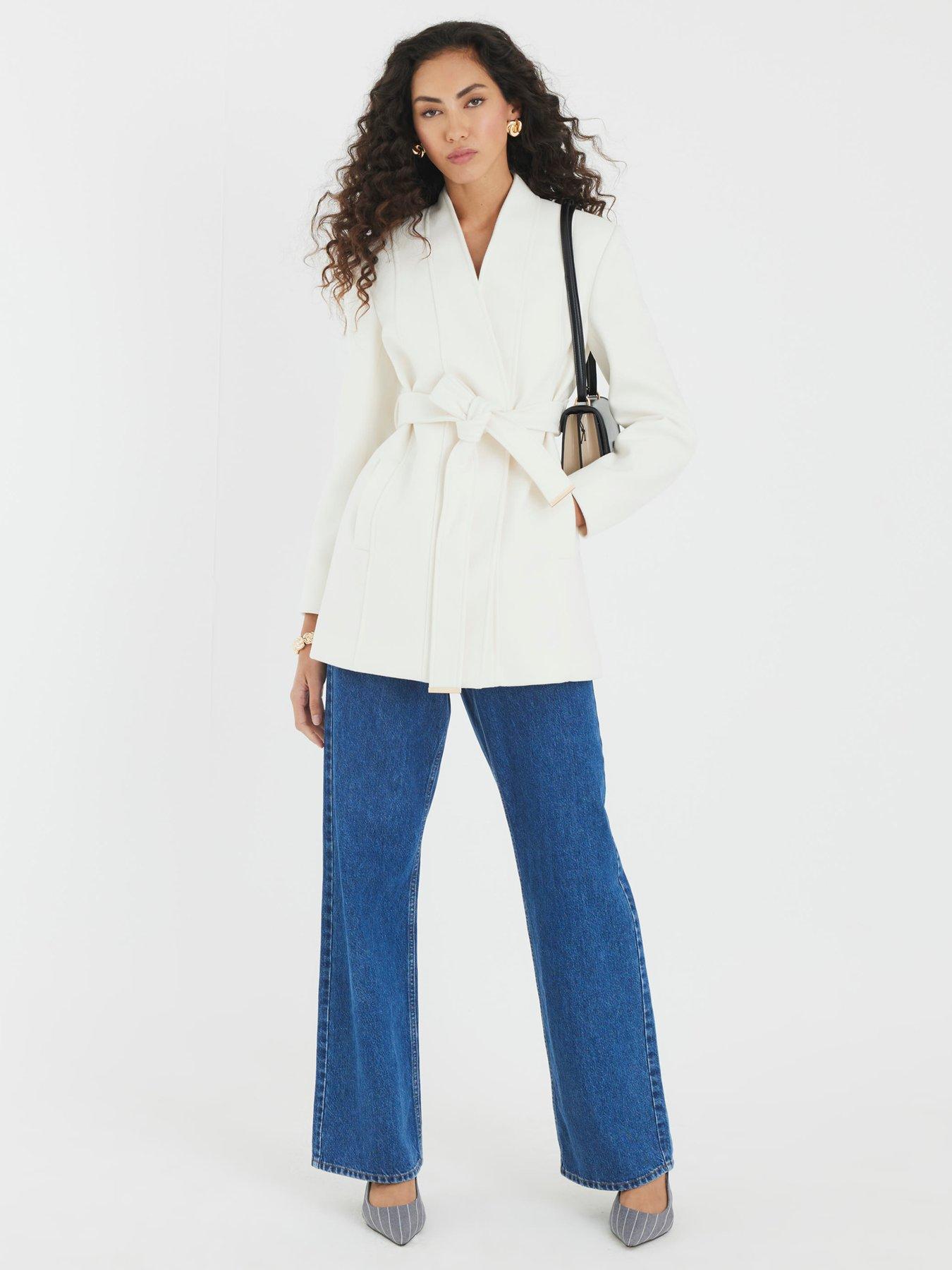 Image 3 of 4 of River Island Short Belted Wrap Coat - Cream