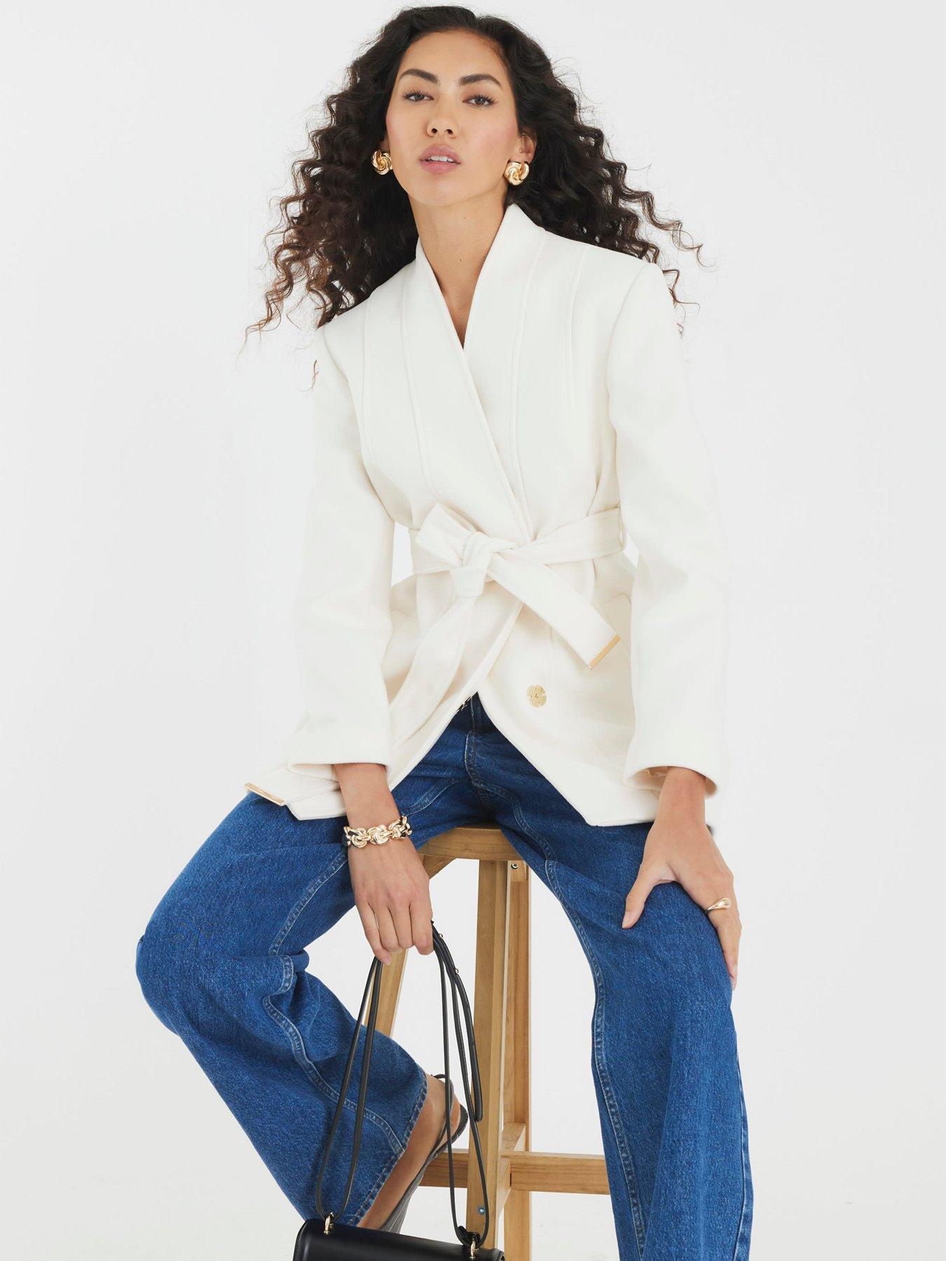 Image 4 of 4 of River Island Short Belted Wrap Coat - Cream