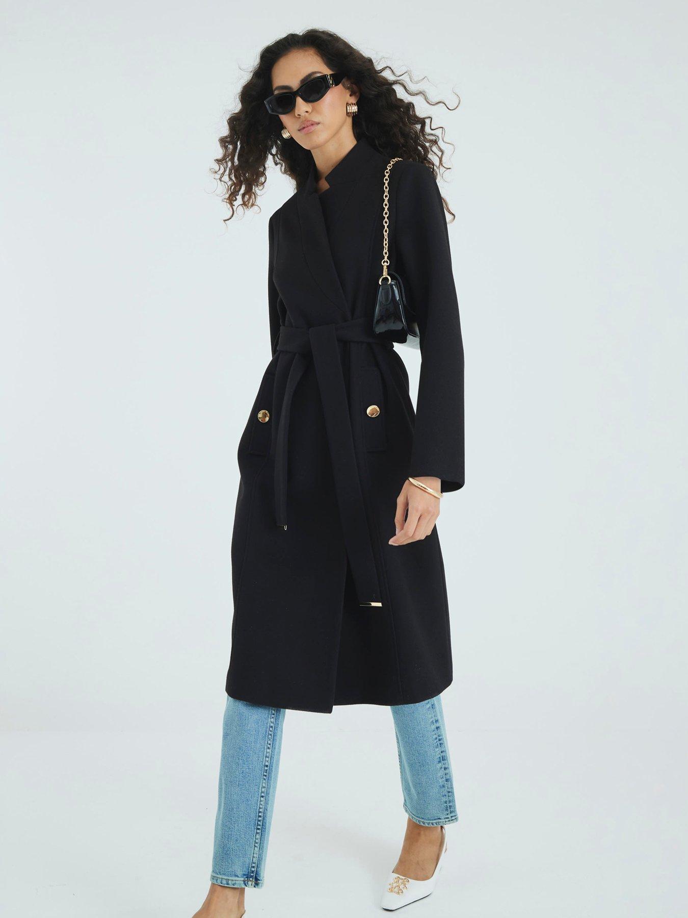 undefined Notch Collar Wrap Coat - Black