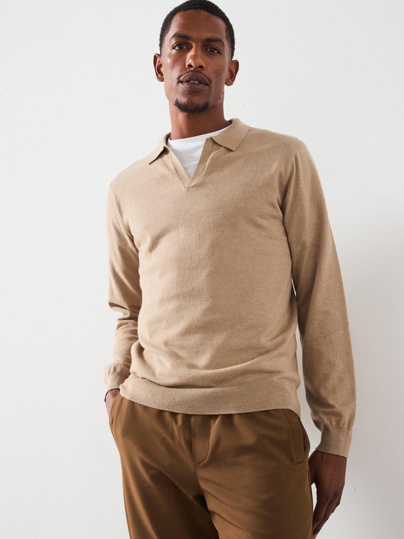 undefined Long Sleeve Knitted Trophy Neck Polo with Wool - Beige