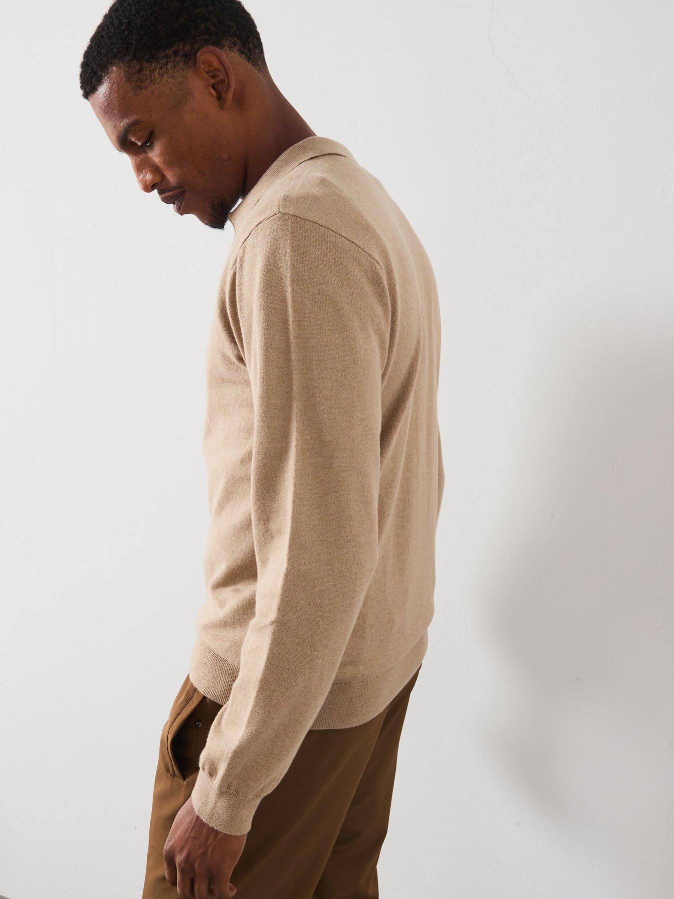Image 2 of 6 of Very Man Long Sleeve Knitted Trophy Neck Polo with Wool - Beige
