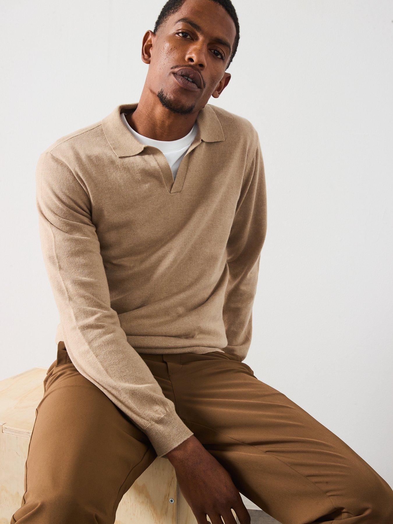 Image 5 of 6 of Very Man Long Sleeve Knitted Trophy Neck Polo with Wool - Beige