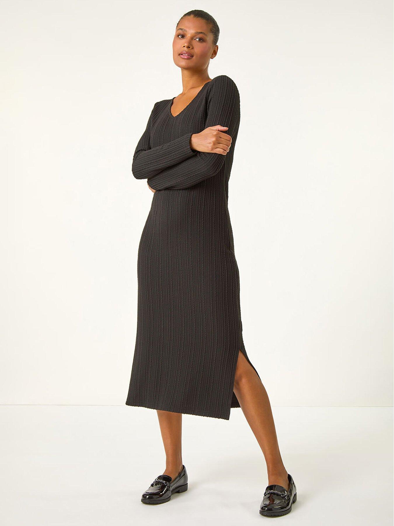  image of roman-wave-textured-v-neck-stretch-midi-dress-black