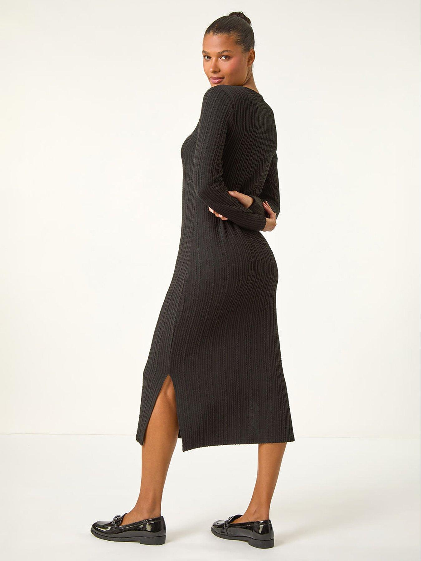  image of roman-wave-textured-v-neck-stretch-midi-dress-black