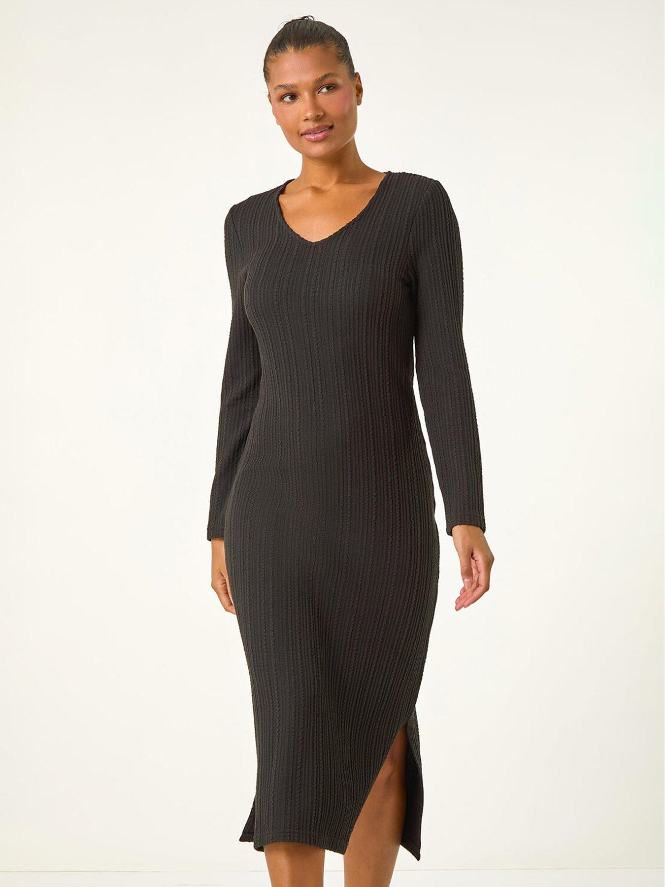  image of roman-wave-textured-v-neck-stretch-midi-dress-black