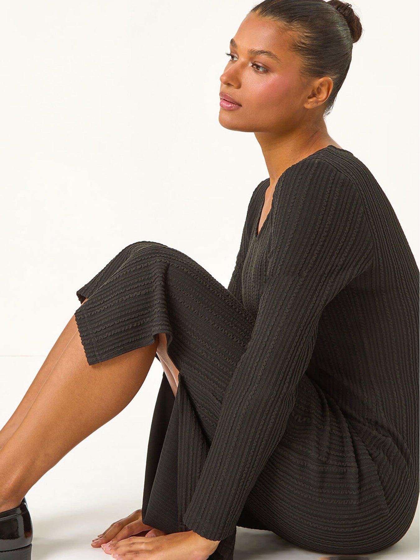  image of roman-wave-textured-v-neck-stretch-midi-dress-black