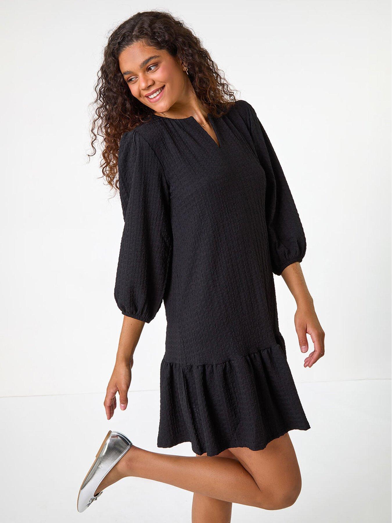 roman-textured-v-neck-frill-hem-smock-dress-black