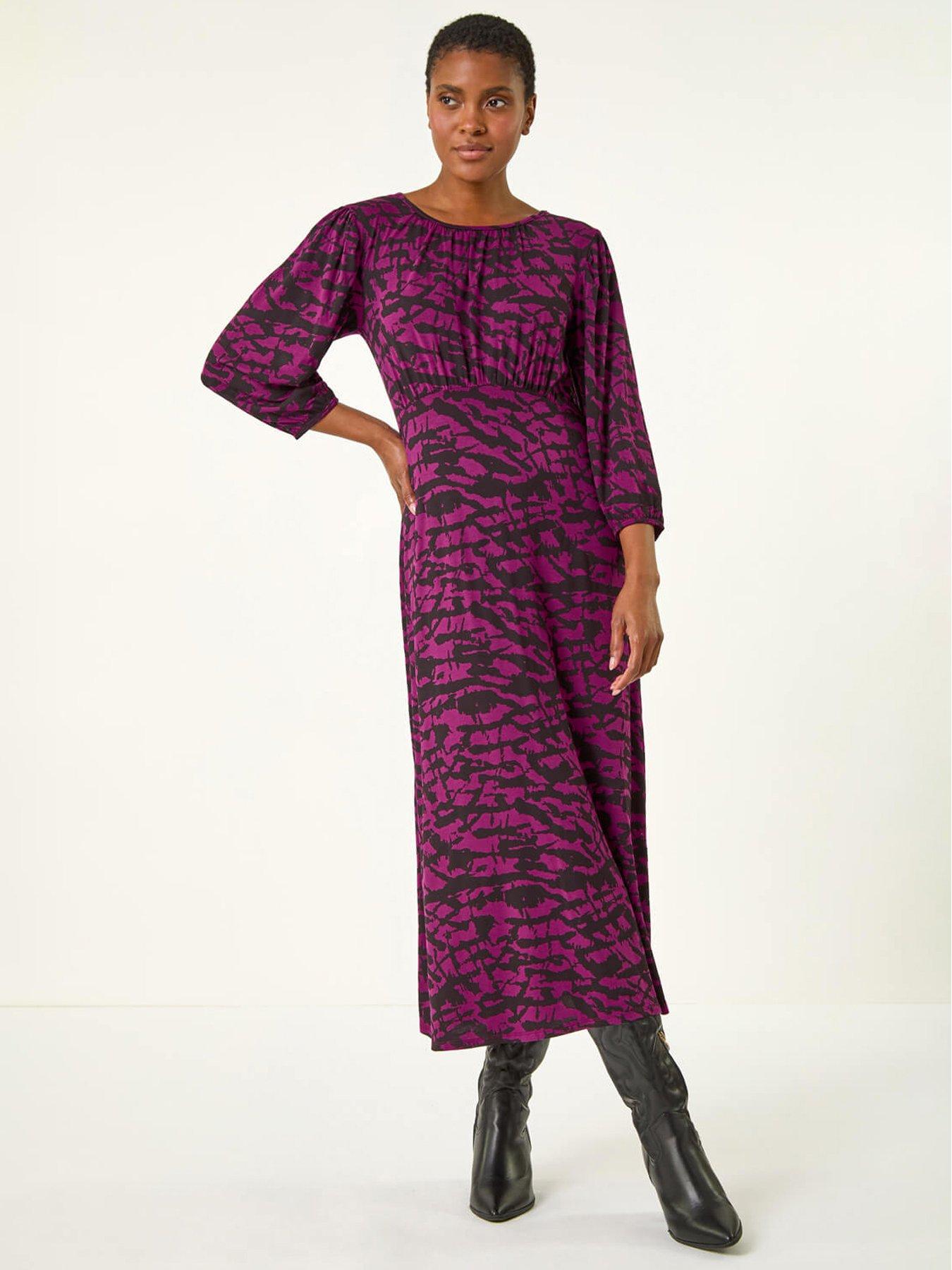 roman-abstract-print-gathered-stretch-midi-dress-purple