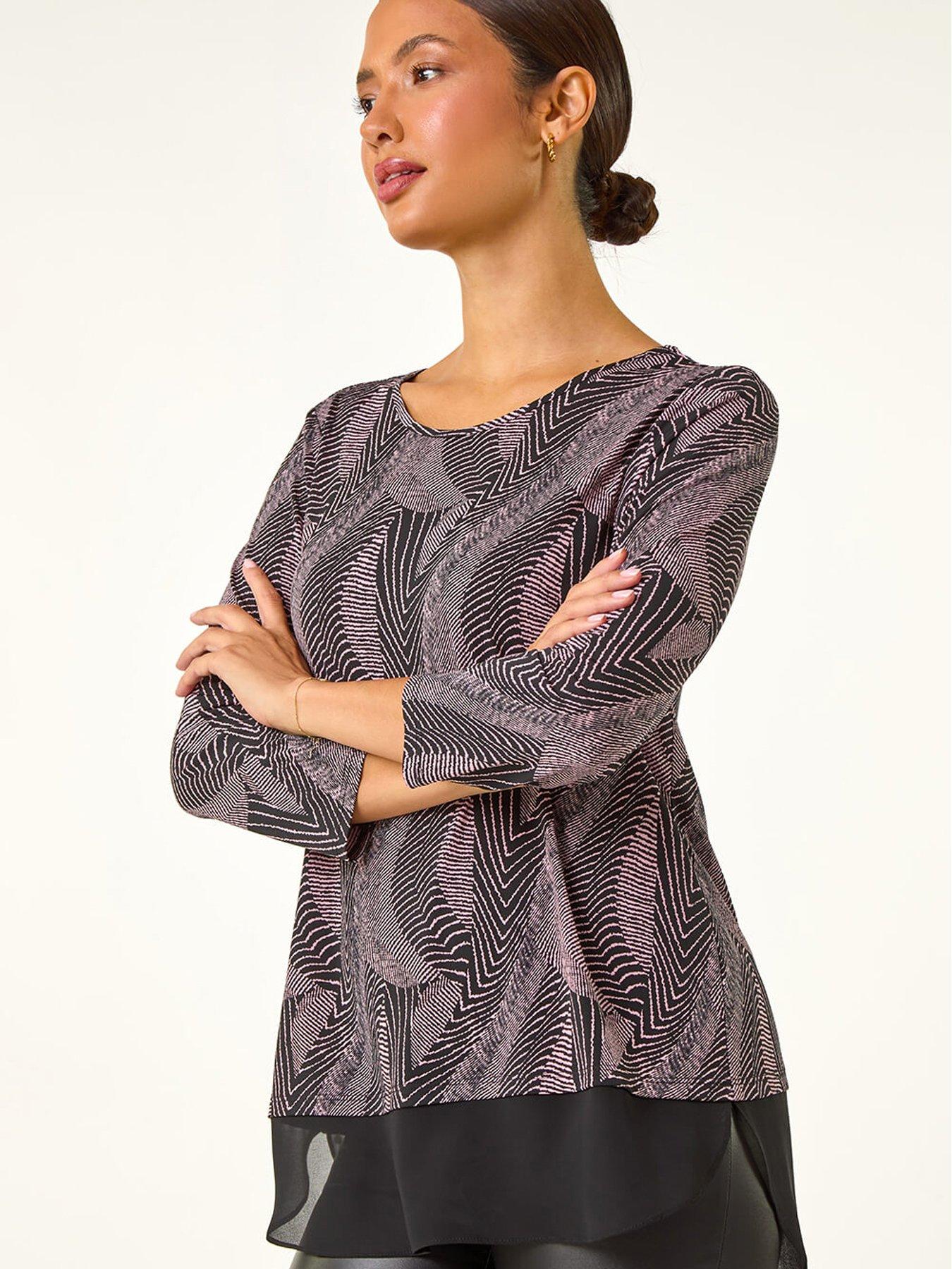  image of roman-printed-chiffon-hem-top-pink