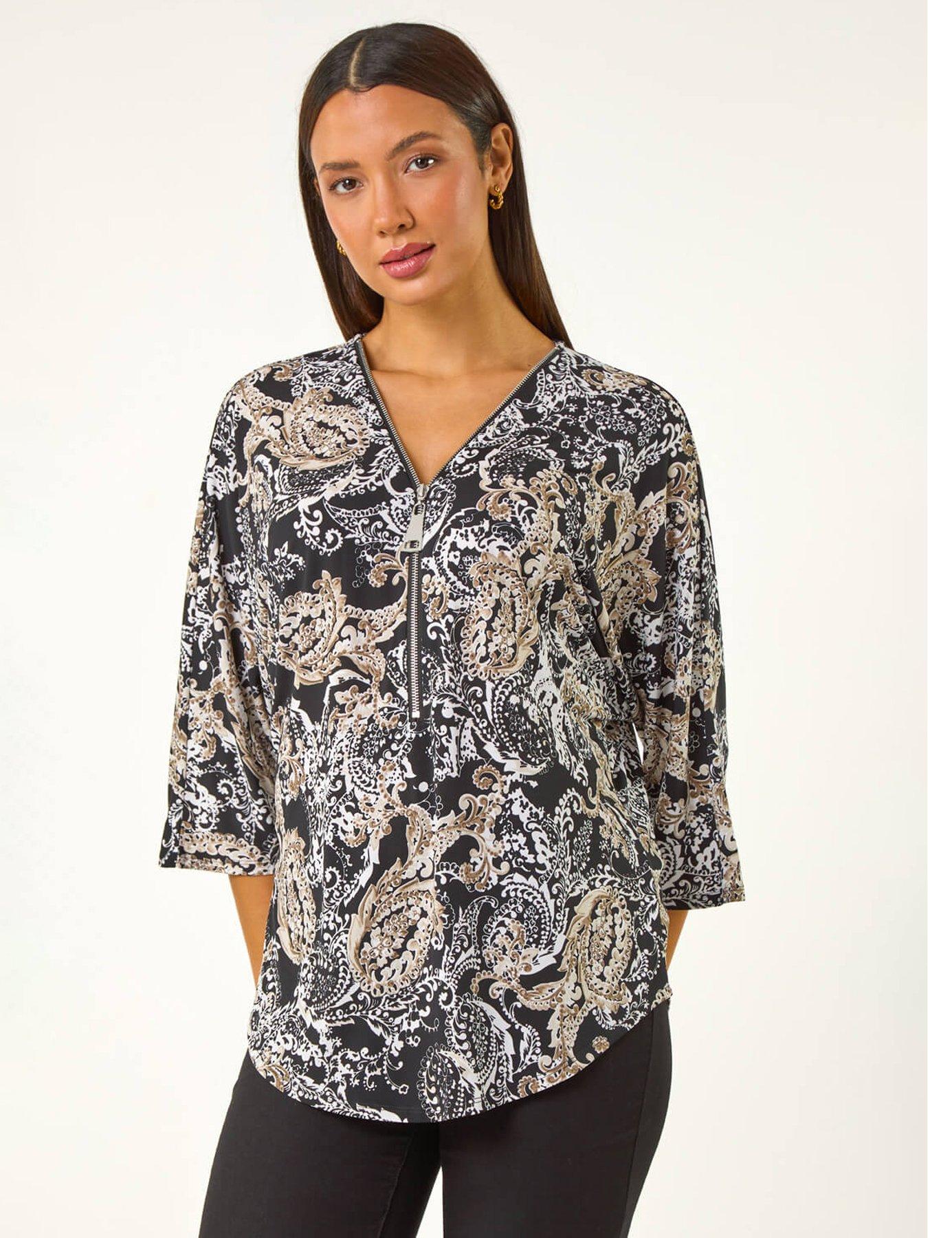 undefined Abstract Print Zip Top - Beige