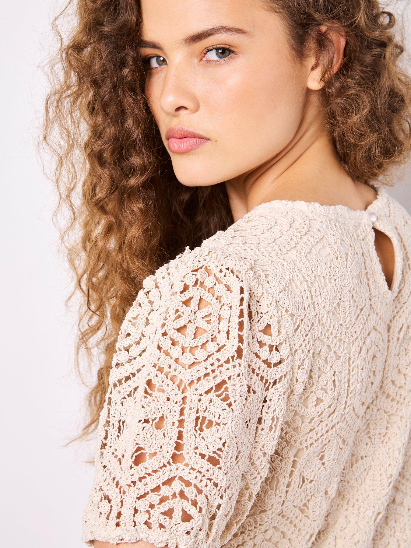  image of apricot-crochet-circles-puff-sleeve-tee-stone