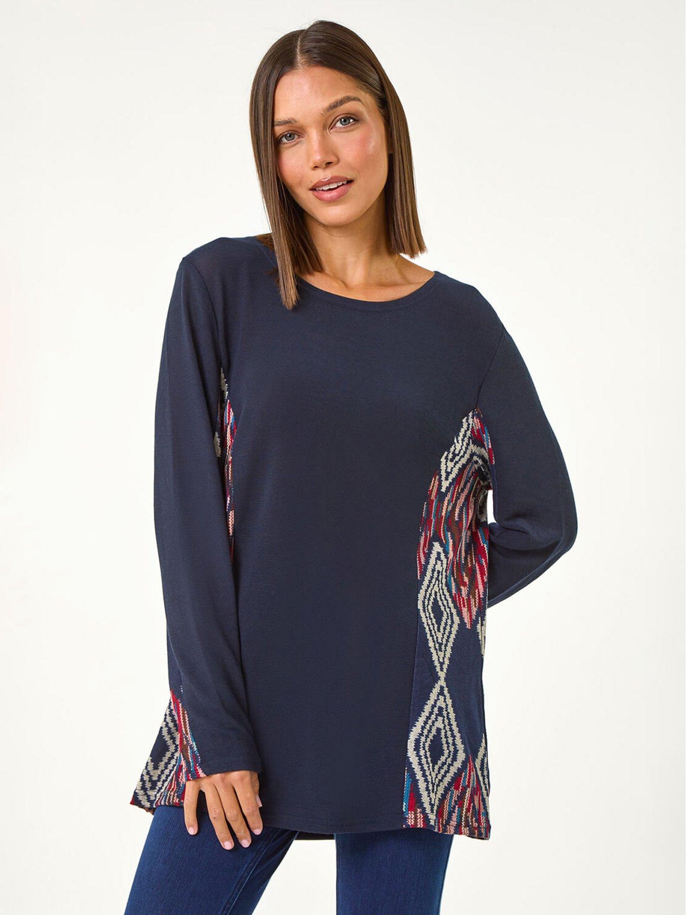Image 1 of 5 of Roman Side Printed Stretch Tunic Top - Midnight Blue