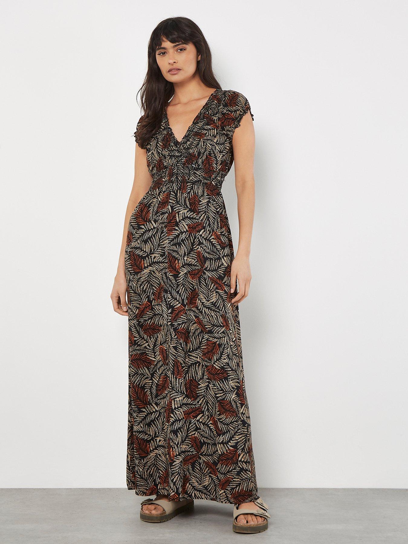 undefined Rustic Leaves Smock V-neck Maxi Dress - Rust