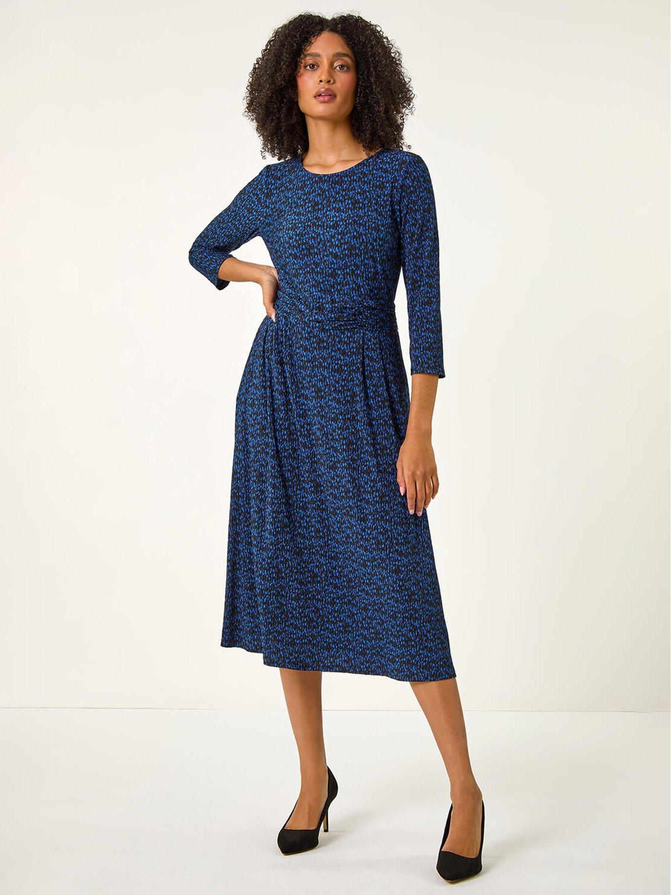 roman-abstract-stretch-ruched-dress-blue