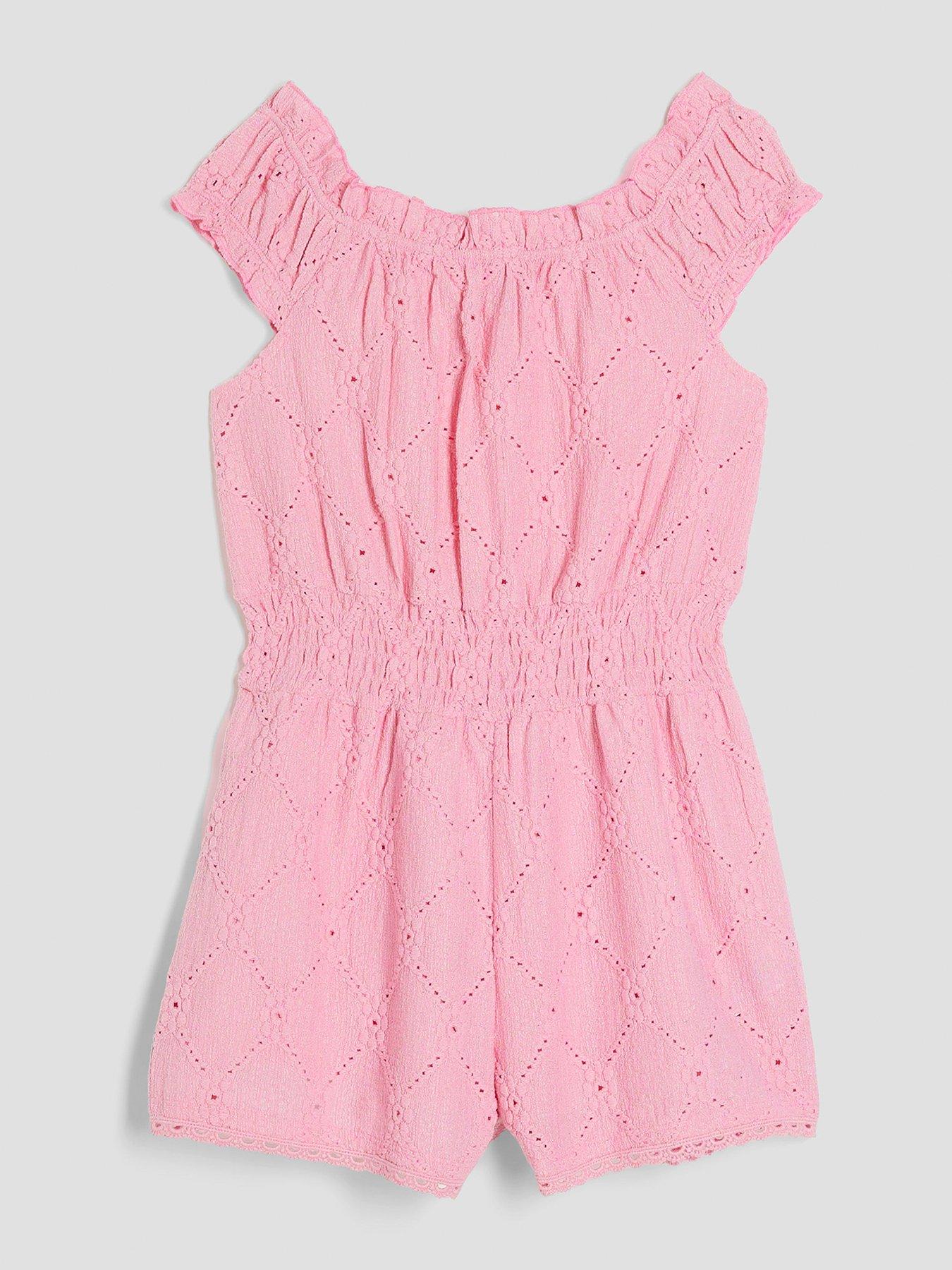 undefined Older Girl Shirred Texture Playsuit - Pink