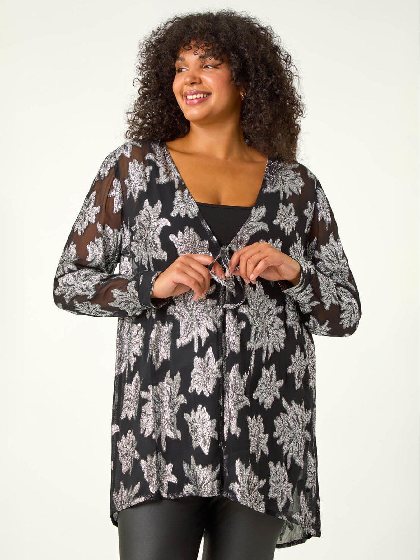 undefined Curve Foil Print Tie Front Top - Silver