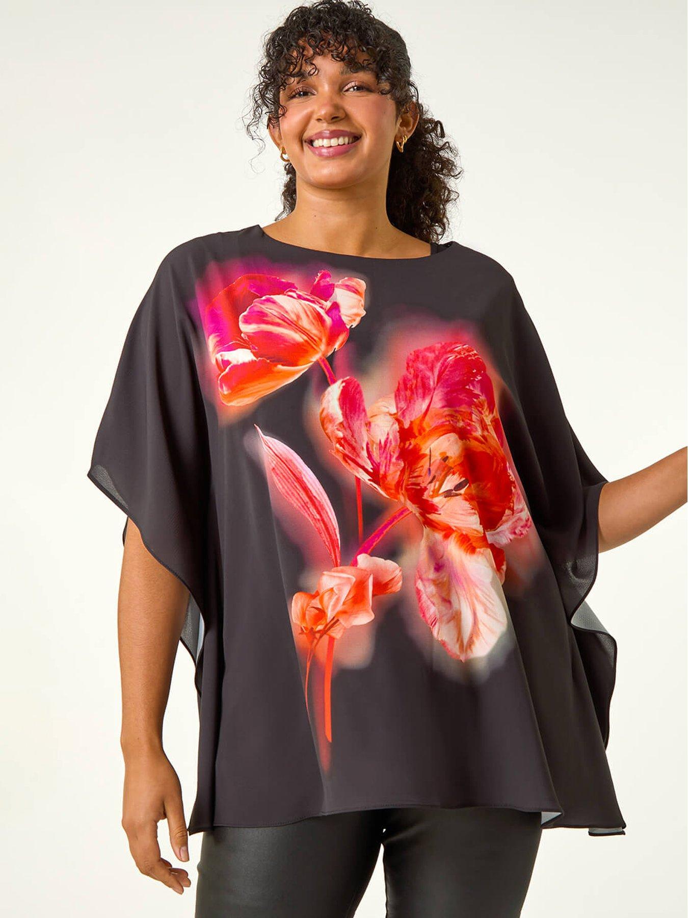 undefined Curve Floral Overlay Top - Red