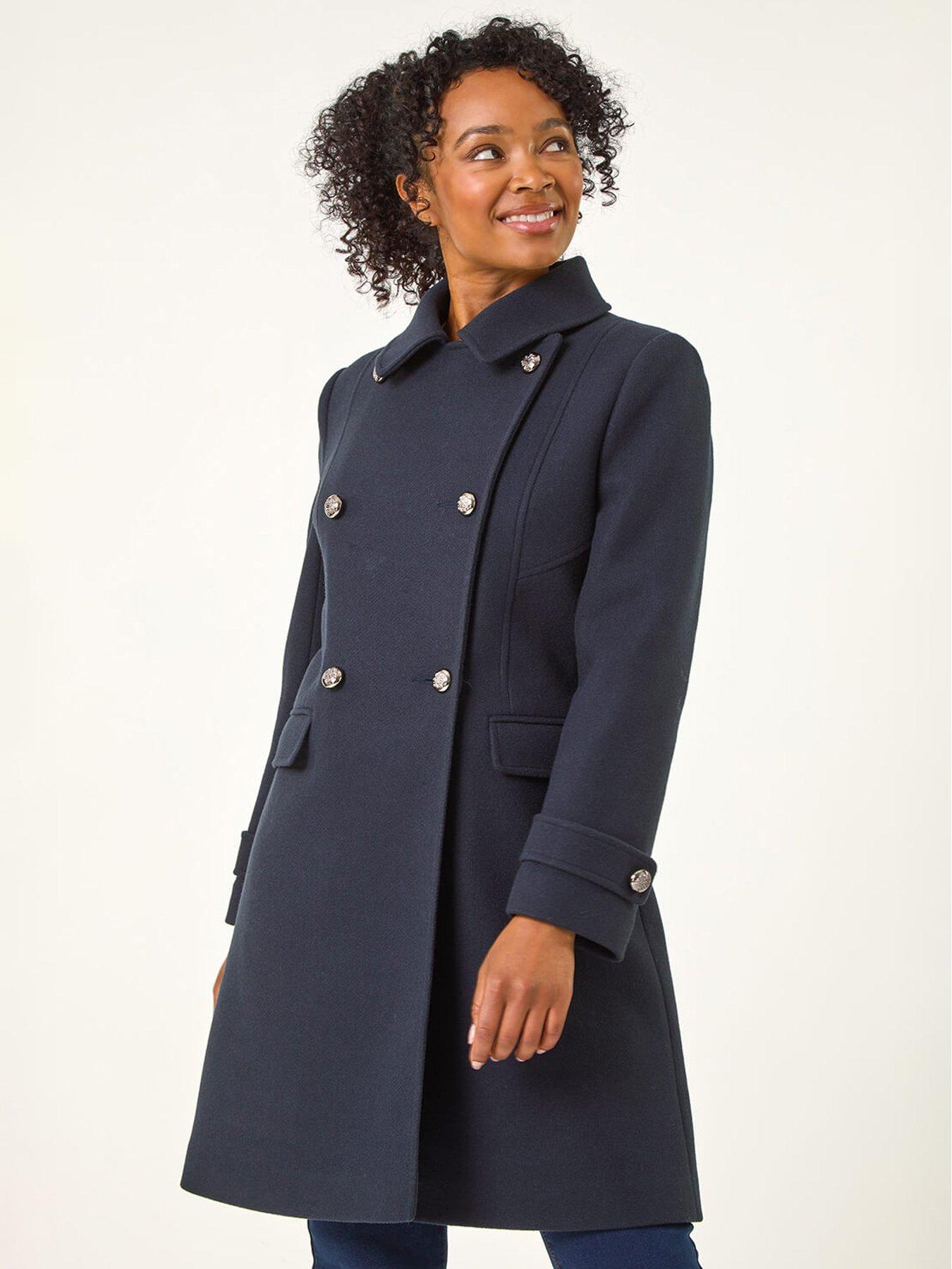 undefined Petite Double Breasted Military Coat - Navy