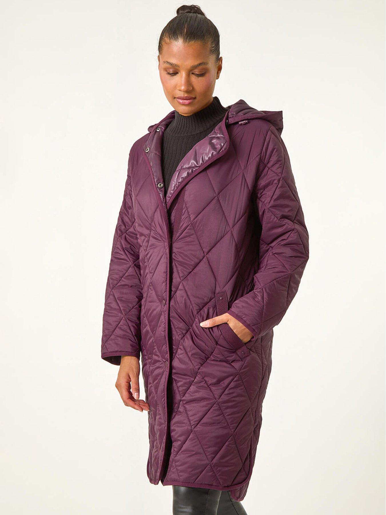 Roman Iridescent Diamond Quilted Hooded Coat - Purple