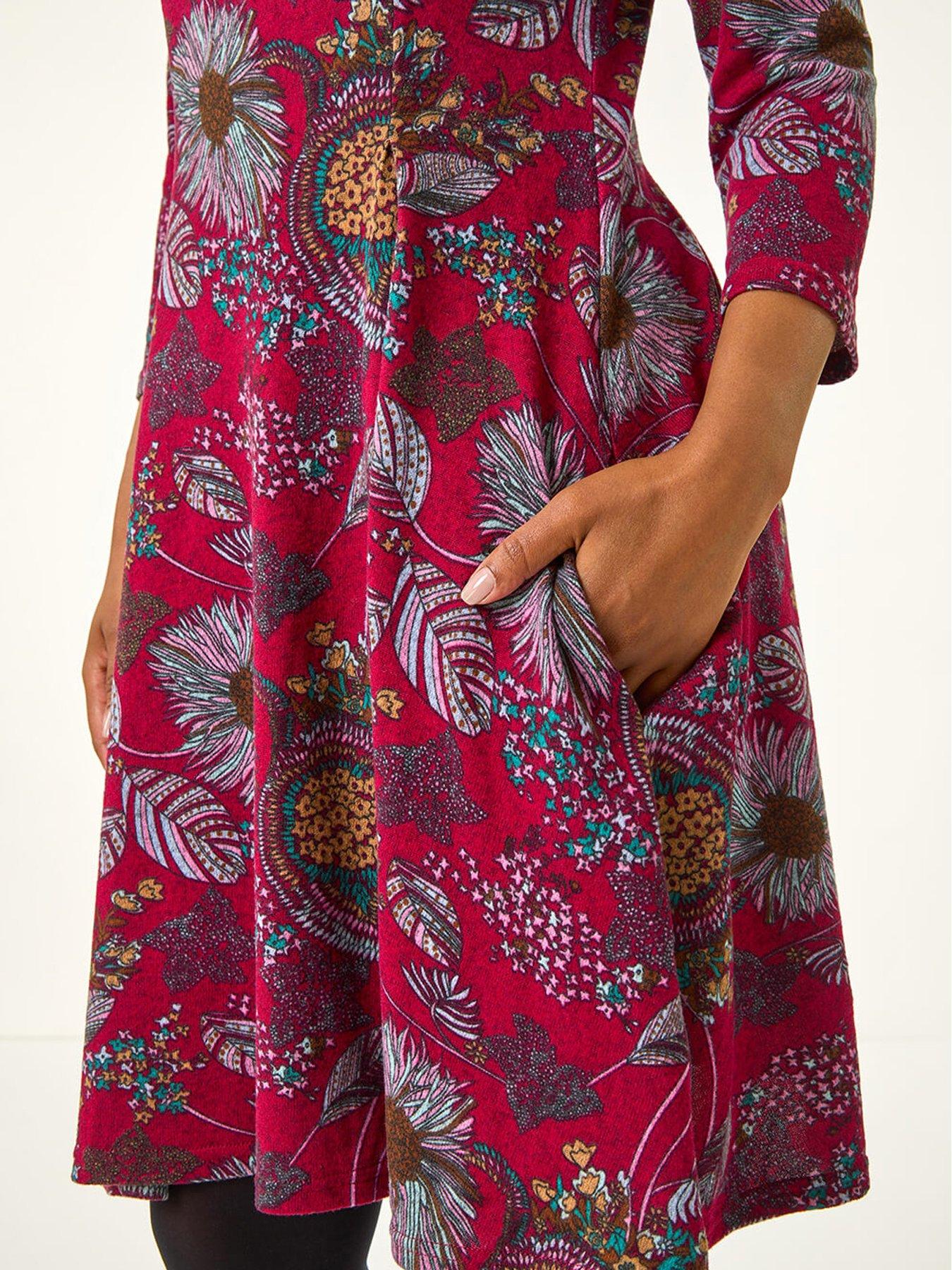 Image 5 of 5 of Roman Petite Floral Print A-line Stretch Dress - Red