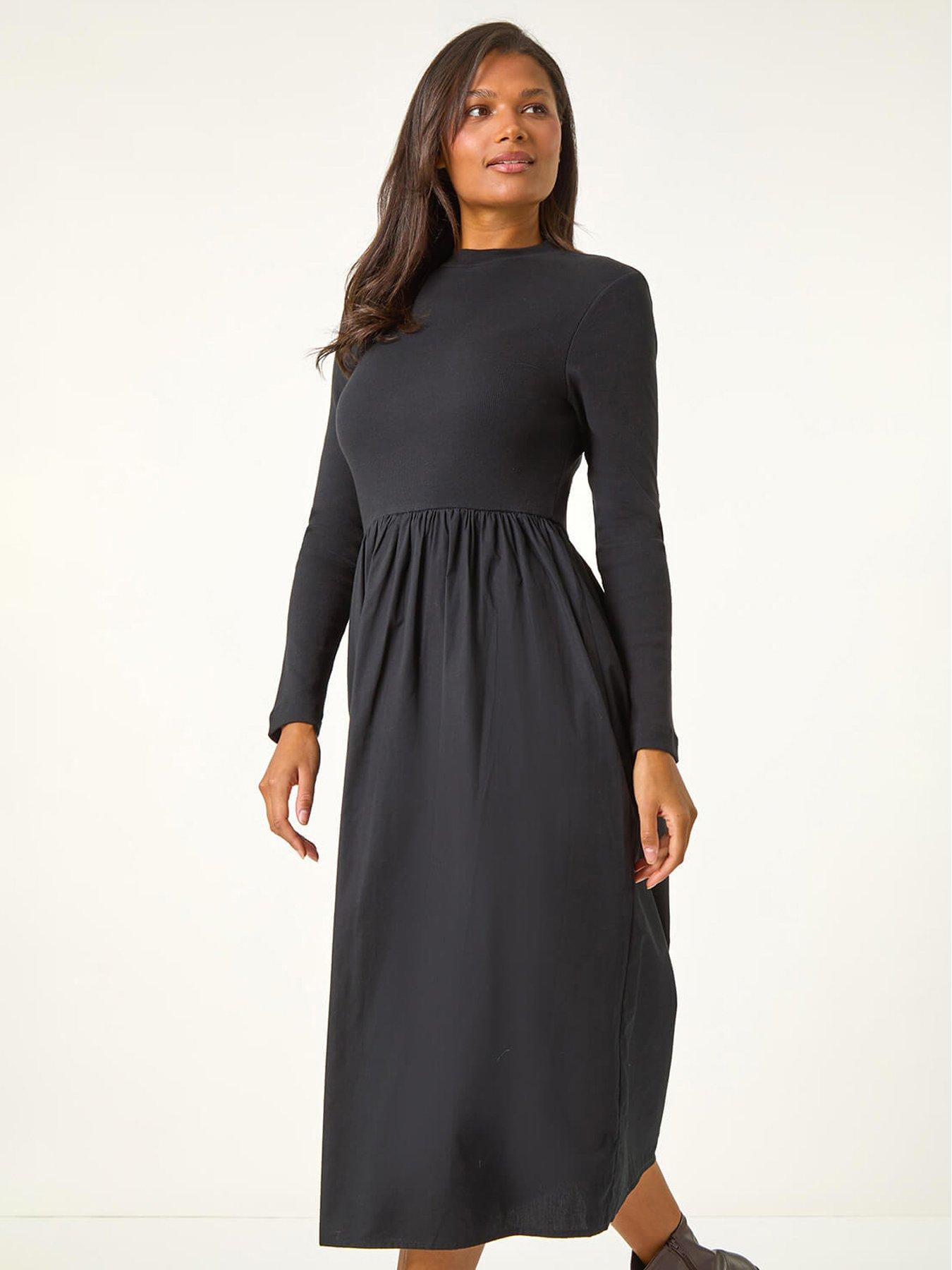 Roman Cotton Stretch Jersey Mix Midi Dress - Black