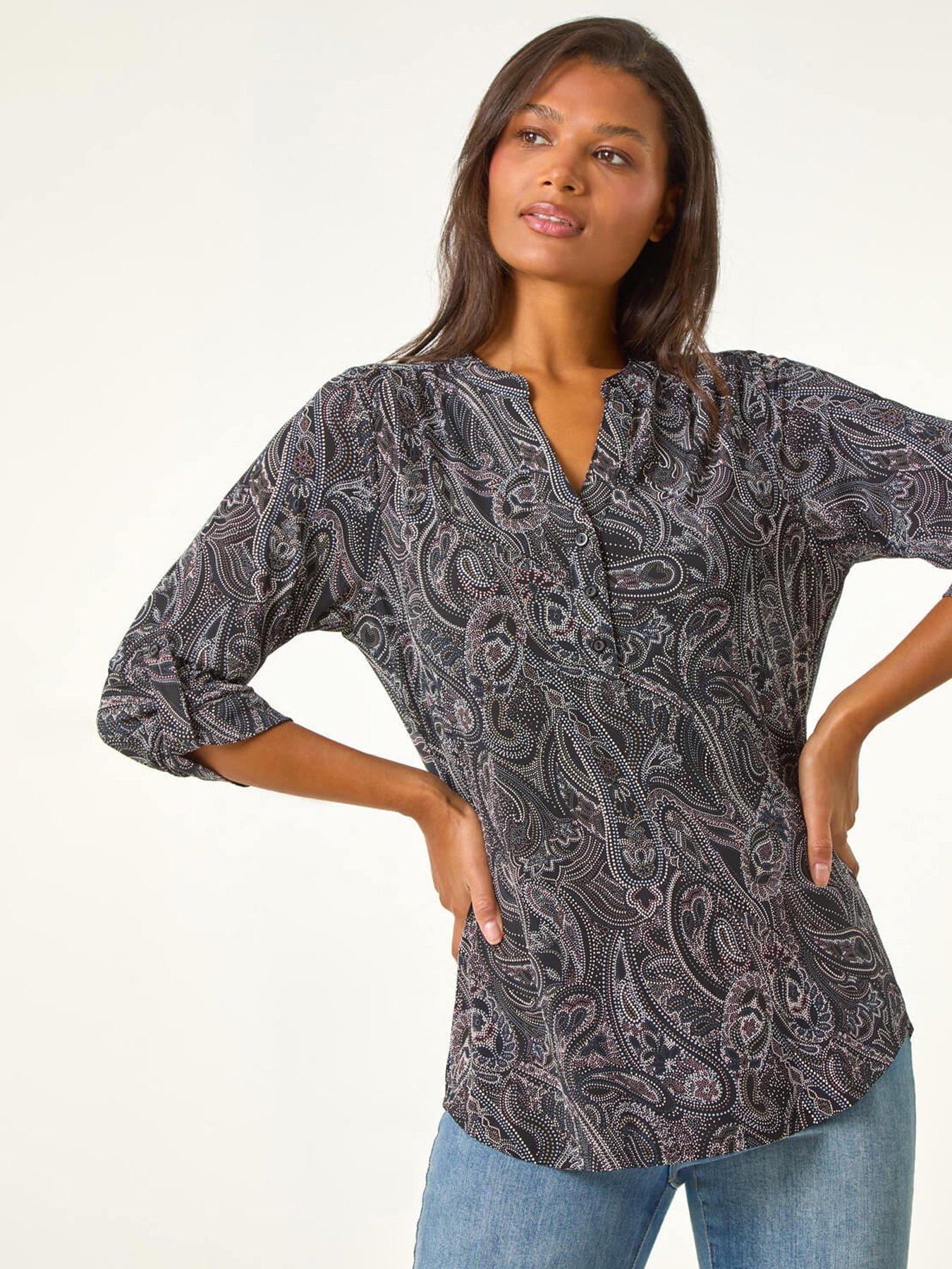 Roman Textured Paisley Print Stretch Blouse - Grey