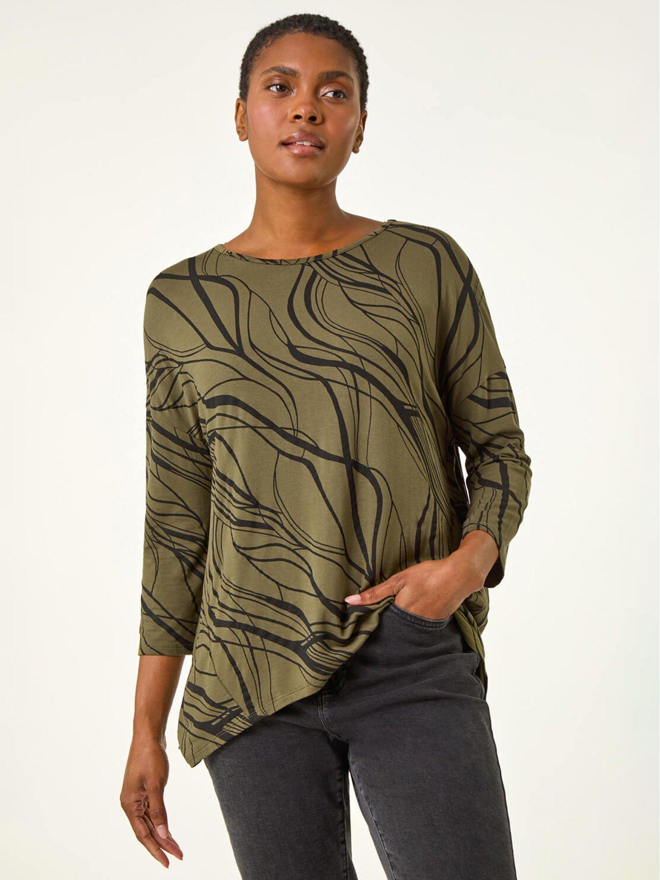 roman-abstract-line-print-stretch-jersey-top-khaki