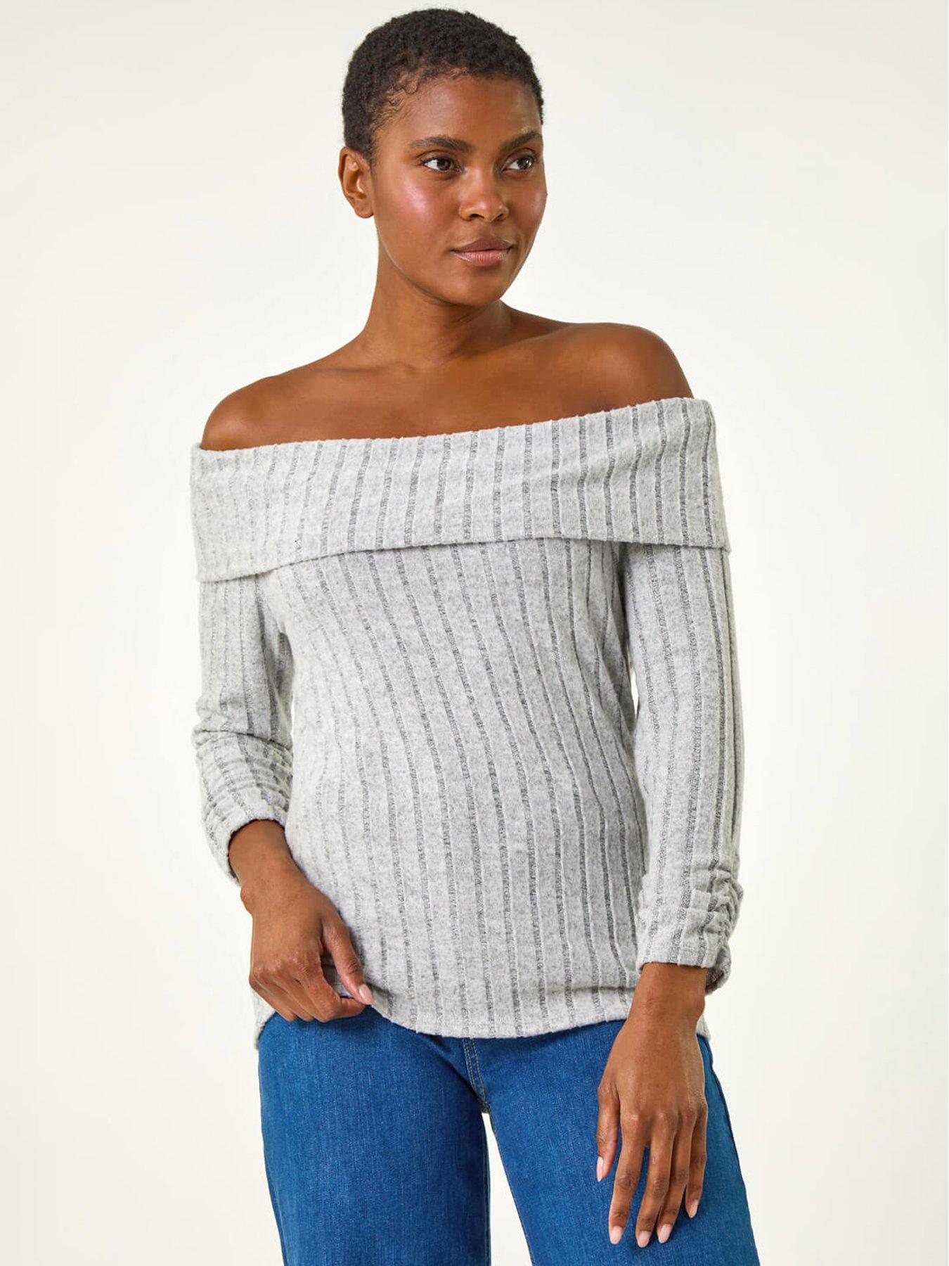 Roman Soft Ribbed Bardot Stretch Top - Light Grey | Littlewoods