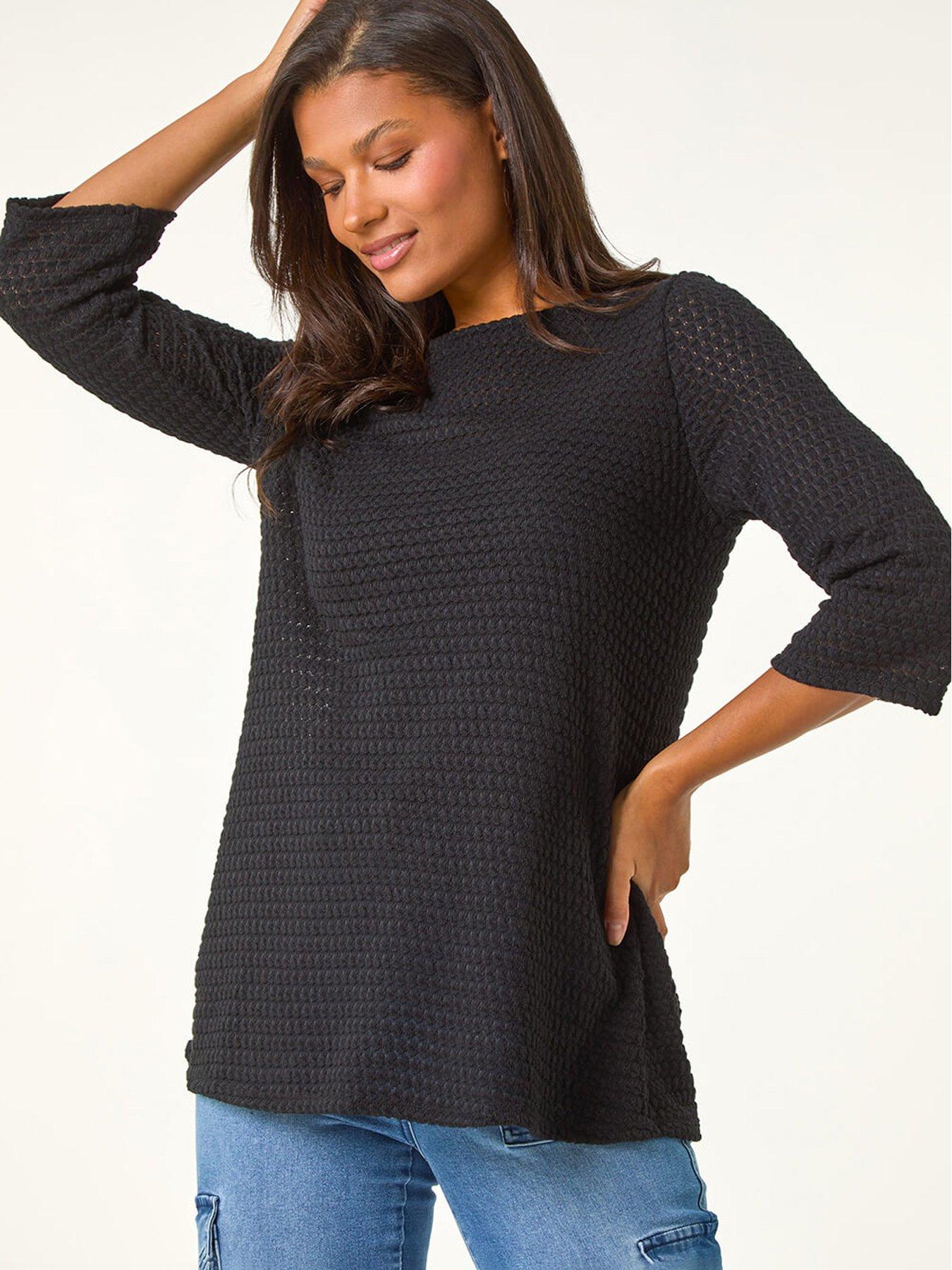 undefined Crochet Knit Tunic Stretch Top - Black