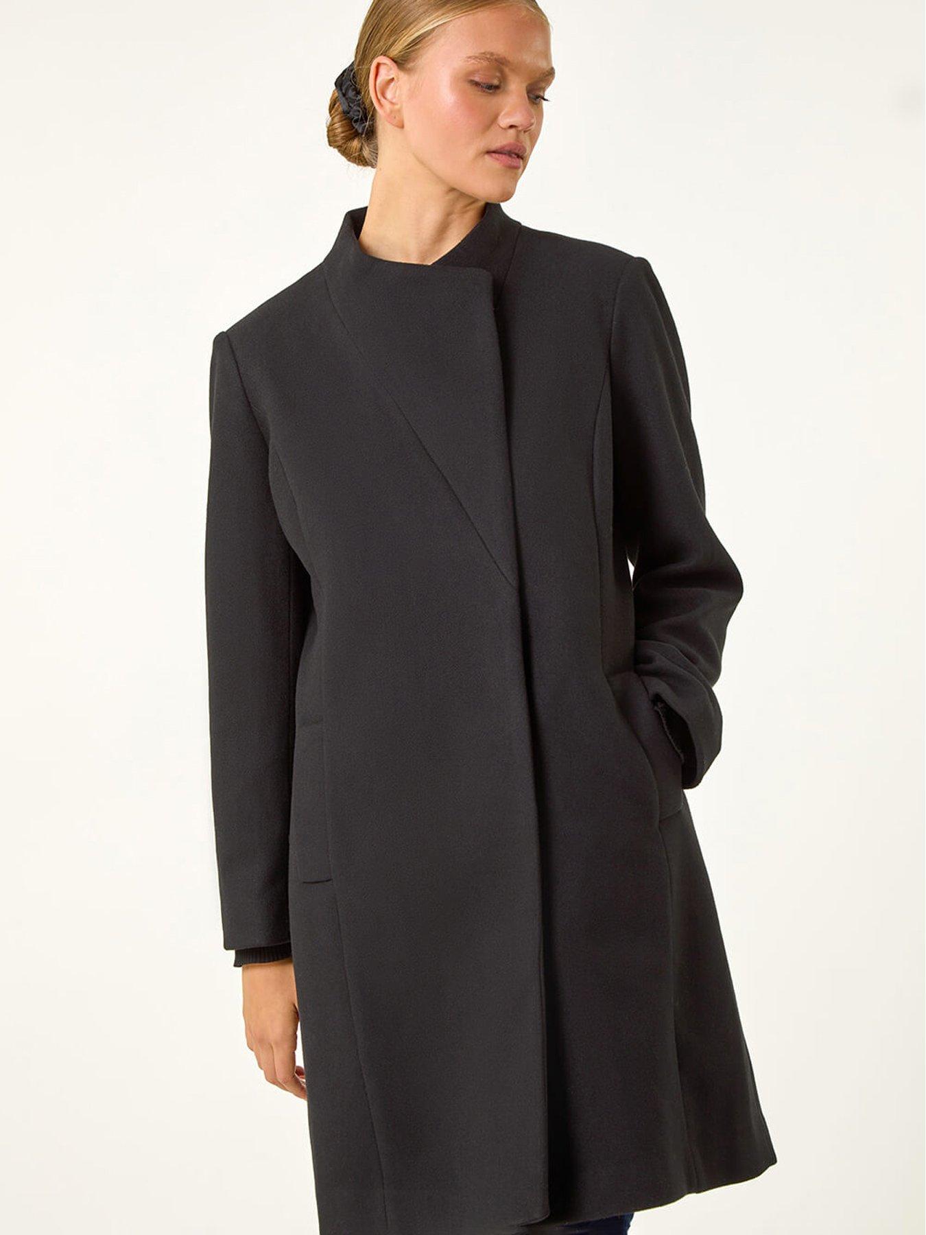 Image 4 of 5 of Roman Tailored Funnel Neck Pocket Detail Coat - Black
