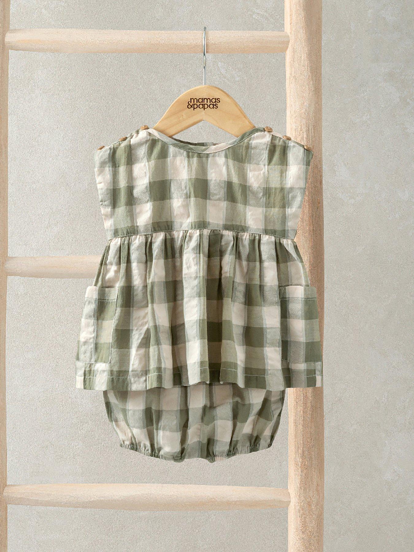  image of mamas-papas-baby-girls-2-piece-gingham-dress-bloomer-set-green
