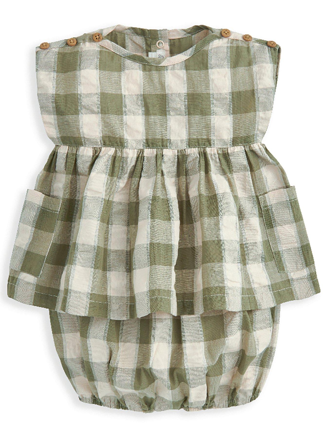  image of mamas-papas-baby-girls-2-piece-gingham-dress-bloomer-set-green