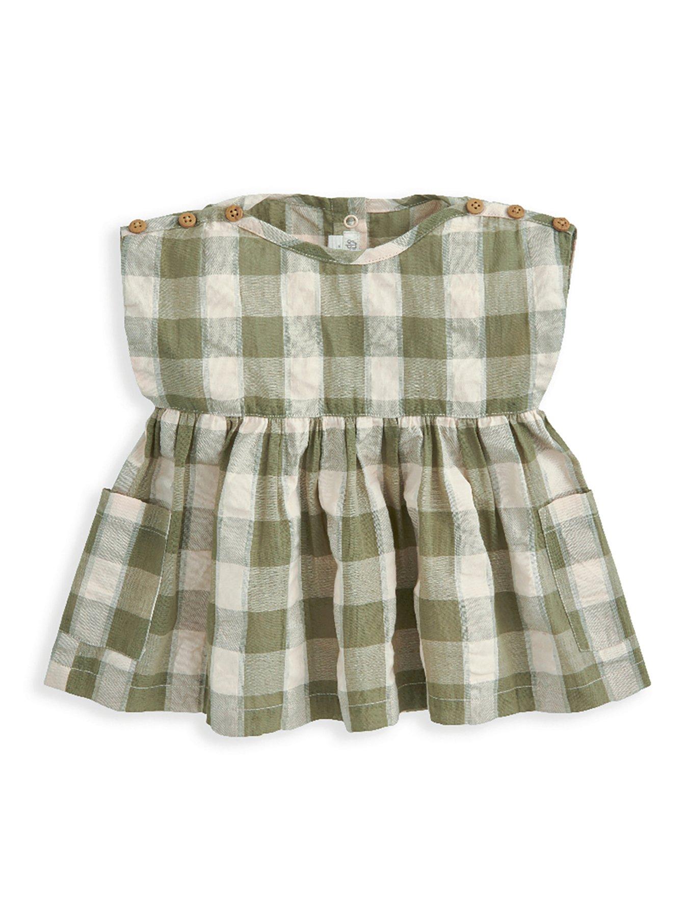  image of mamas-papas-baby-girls-2-piece-gingham-dress-bloomer-set-green