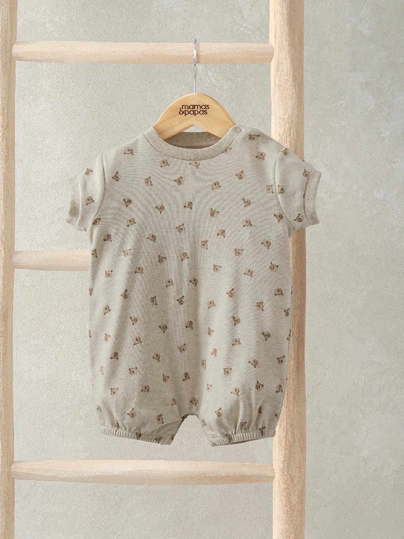  image of mamas-papas-baby-unisex-bear-print-shortie-romper-brown