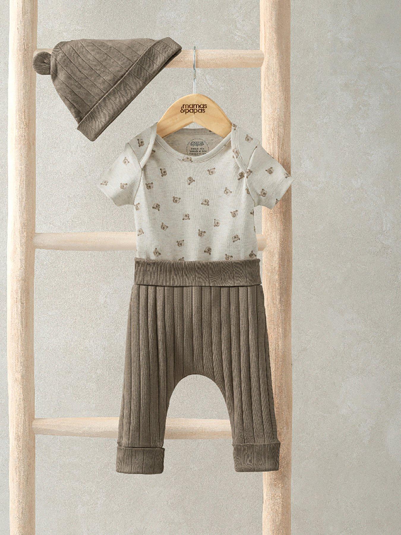  image of mamas-papas-baby-unisex-3-piece-bear-bodysuit-legging-hat-set-brown