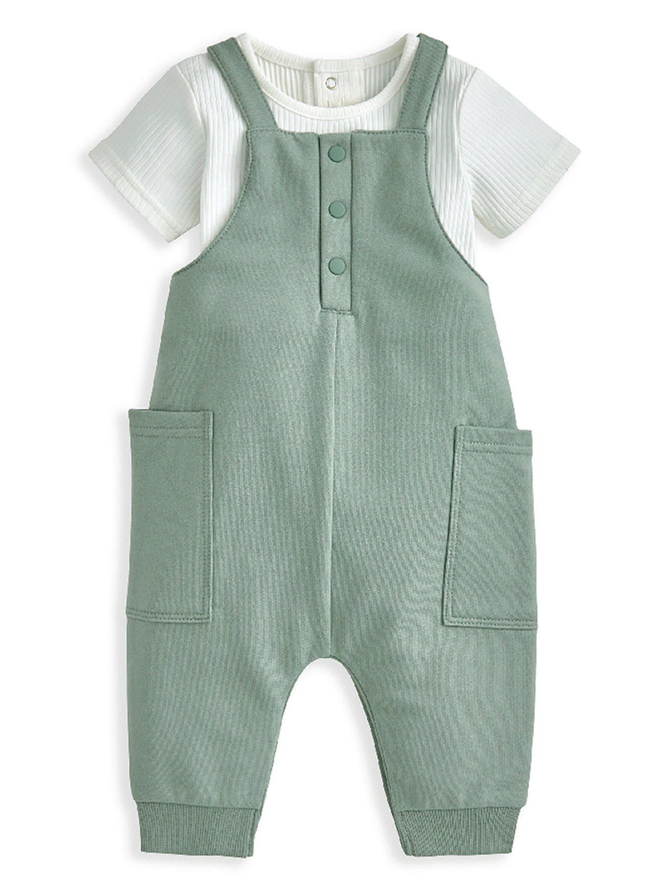  image of mamas-papas-baby-boys-2-piece-rib-jersey-bodysuit-dungaree-set-green