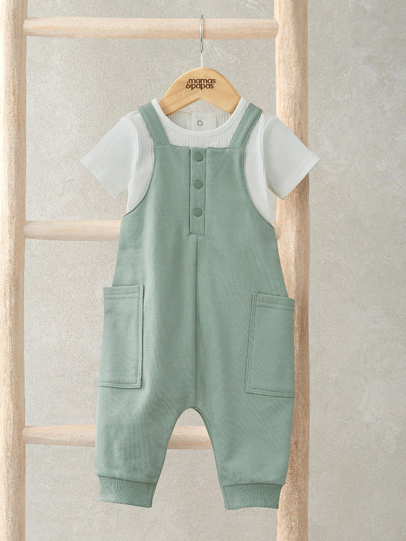  image of mamas-papas-baby-boys-2-piece-rib-jersey-bodysuit-dungaree-set-green