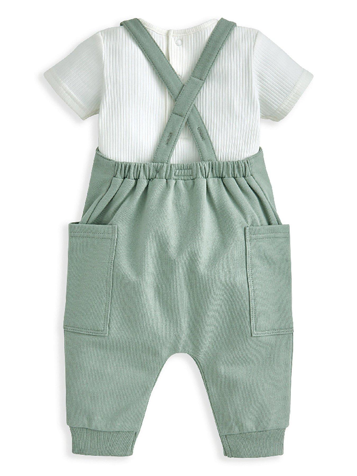  image of mamas-papas-baby-boys-2-piece-rib-jersey-bodysuit-dungaree-set-green