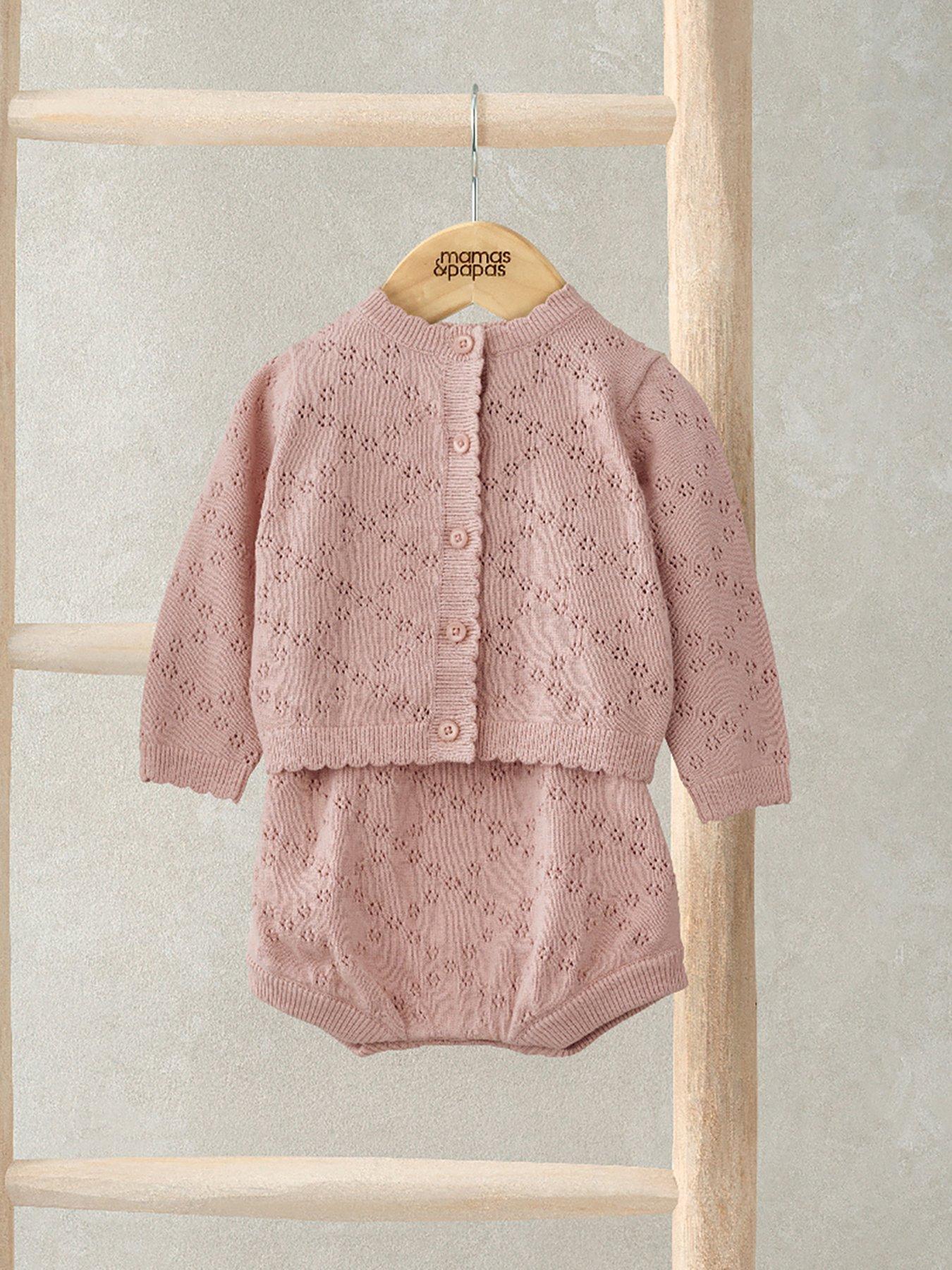  image of mamas-papas-baby-girls-2-piece-knitted-romper-cardigan-set-pink