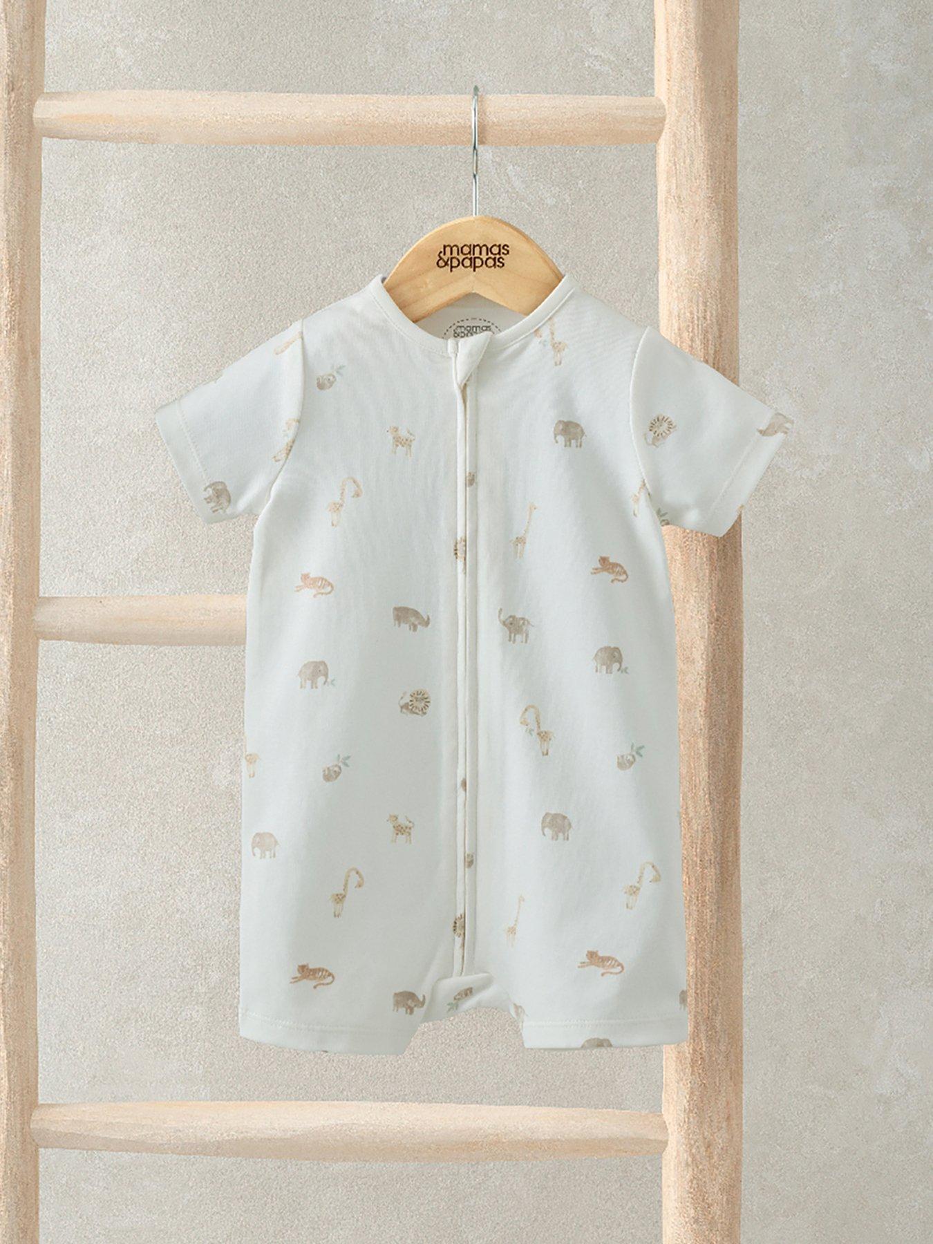  image of mamas-papas-baby-unisex-safari-print-zip-shortie-romper-cream