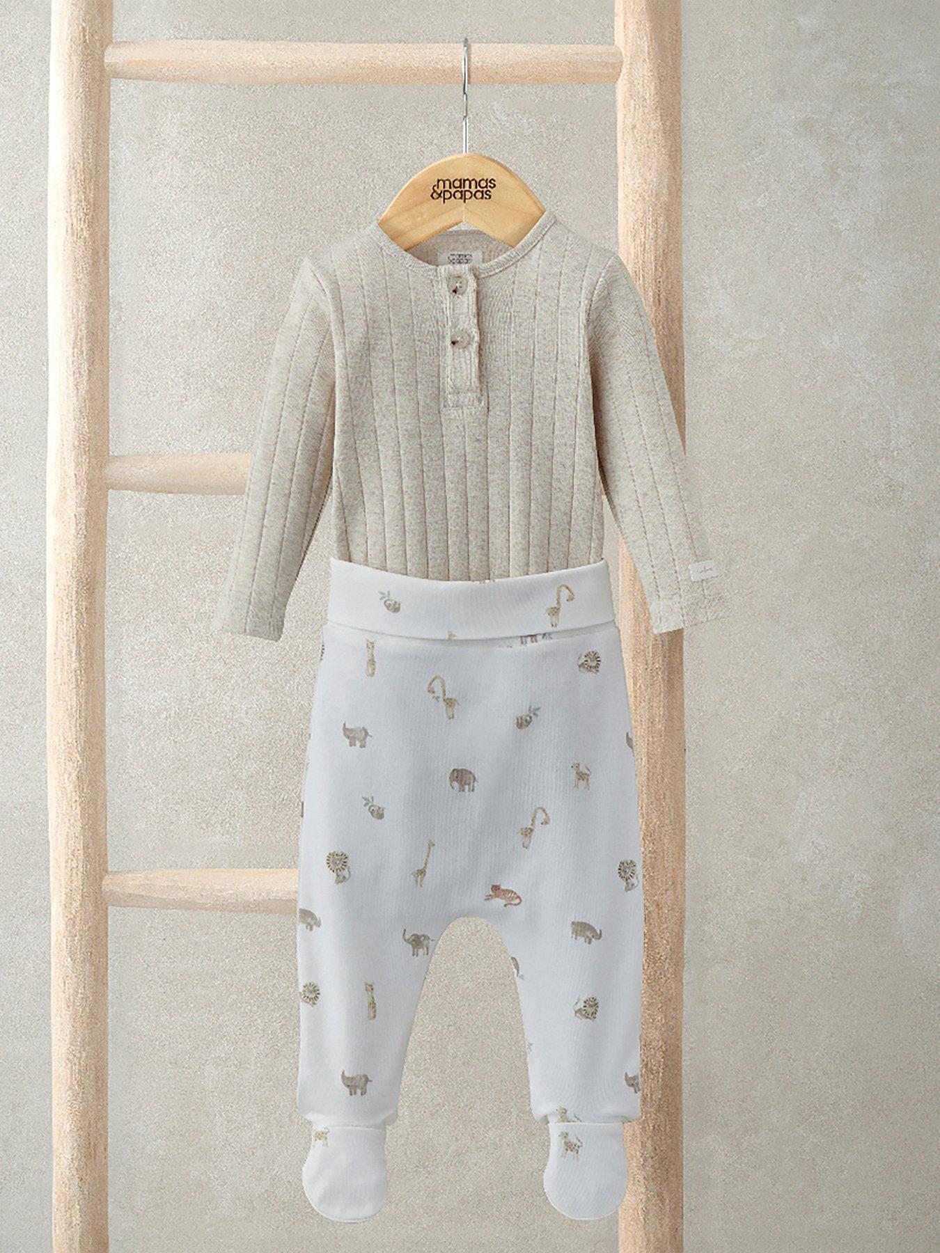  image of mamas-papas-baby-unisex-2-piece-rib-bodysuit-safari-print-legging-set-cream
