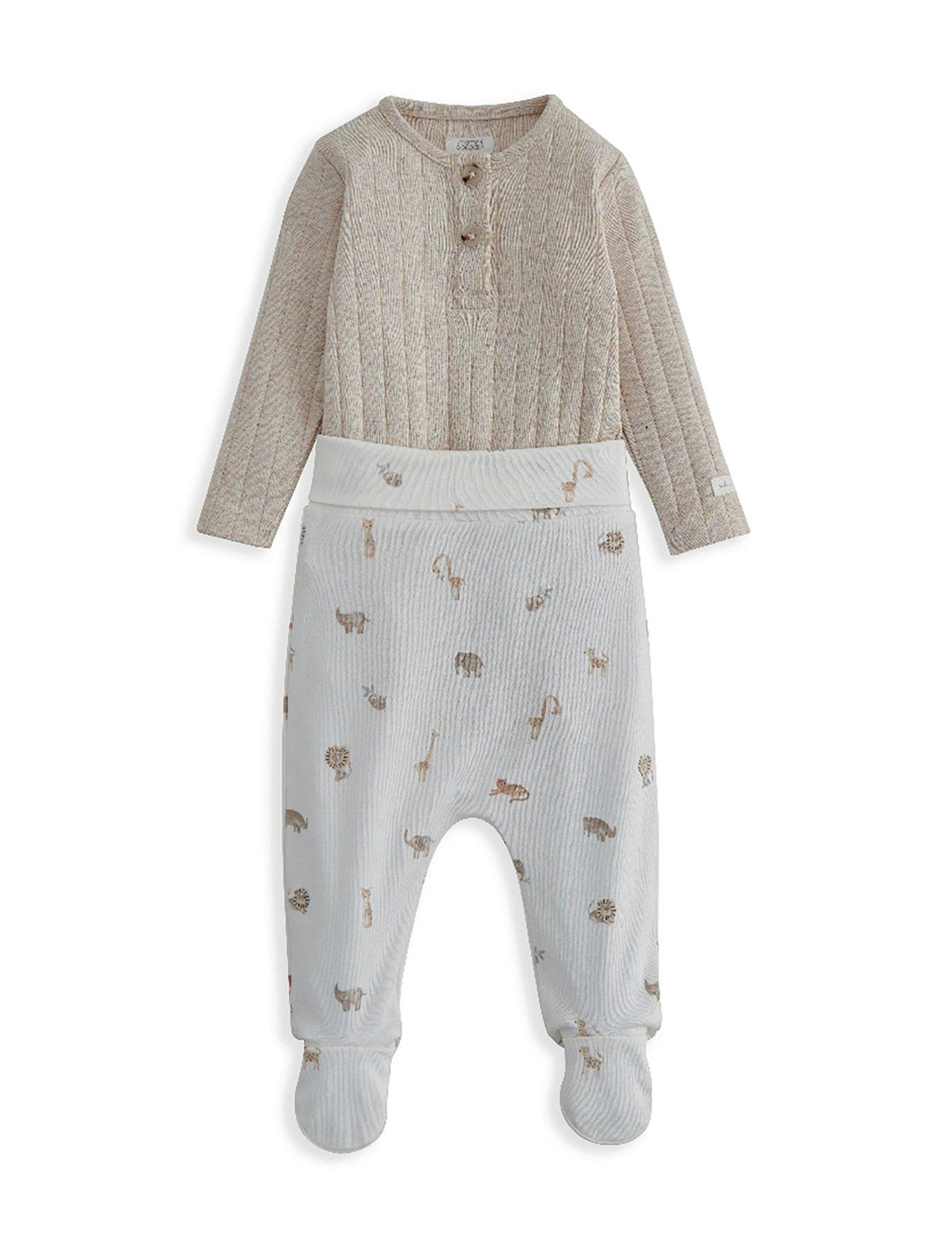 image of mamas-papas-baby-unisex-2-piece-rib-bodysuit-safari-print-legging-set-cream