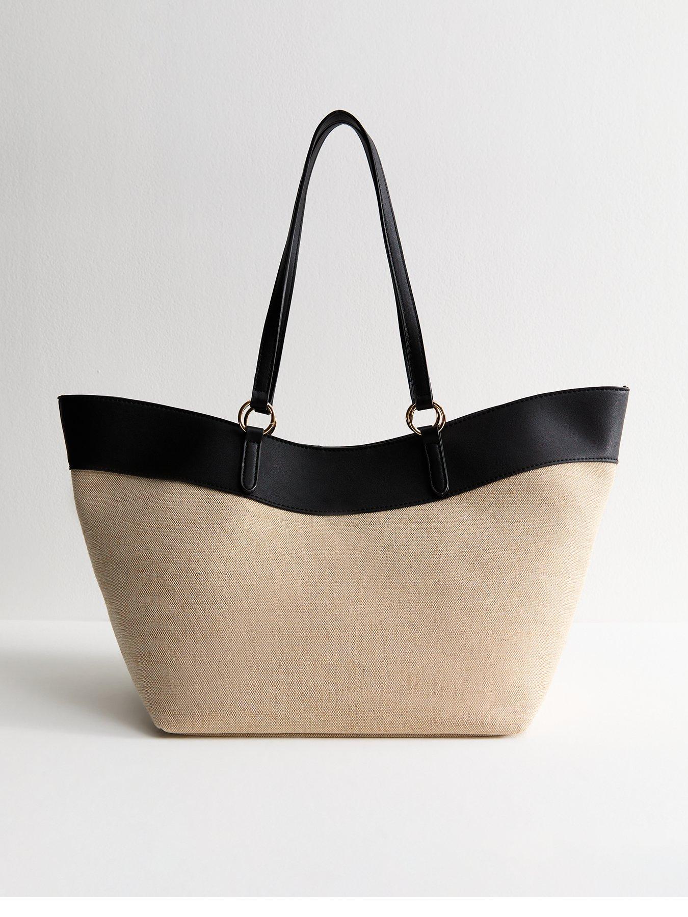  image of new-look-stone-canvas-and-faux-leather-large-winged-tote-bag