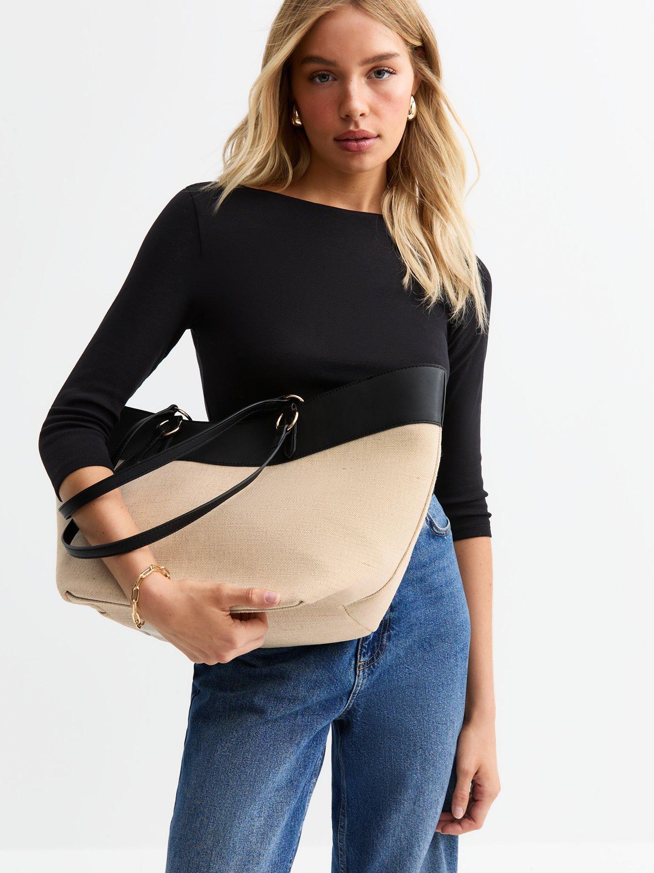  image of new-look-stone-canvas-and-faux-leather-large-winged-tote-bag