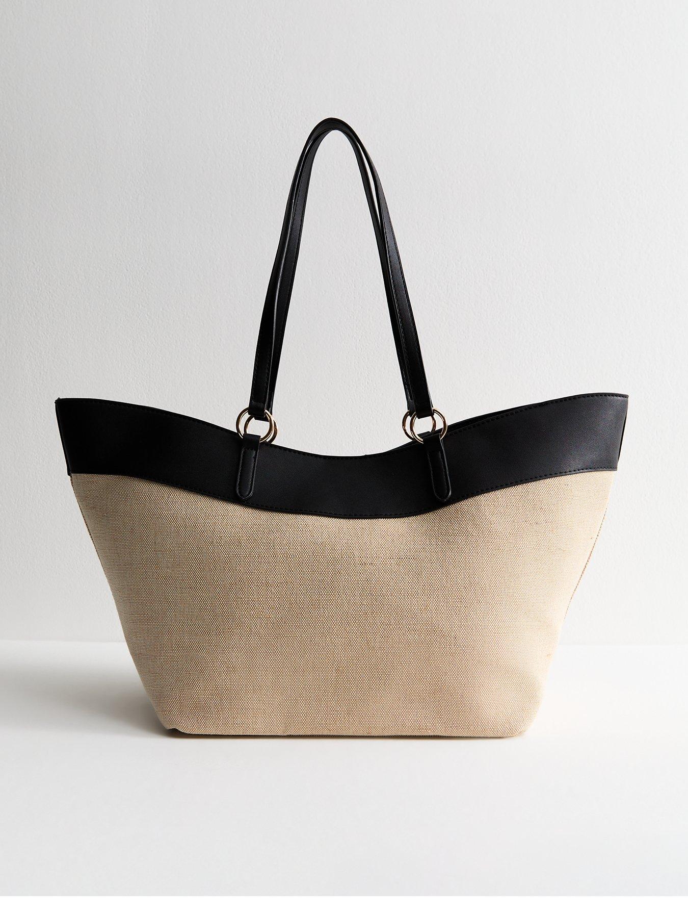  image of new-look-stone-canvas-and-faux-leather-large-winged-tote-bag
