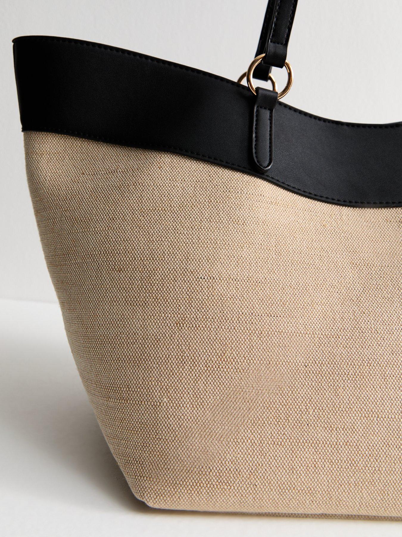  image of new-look-stone-canvas-and-faux-leather-large-winged-tote-bag