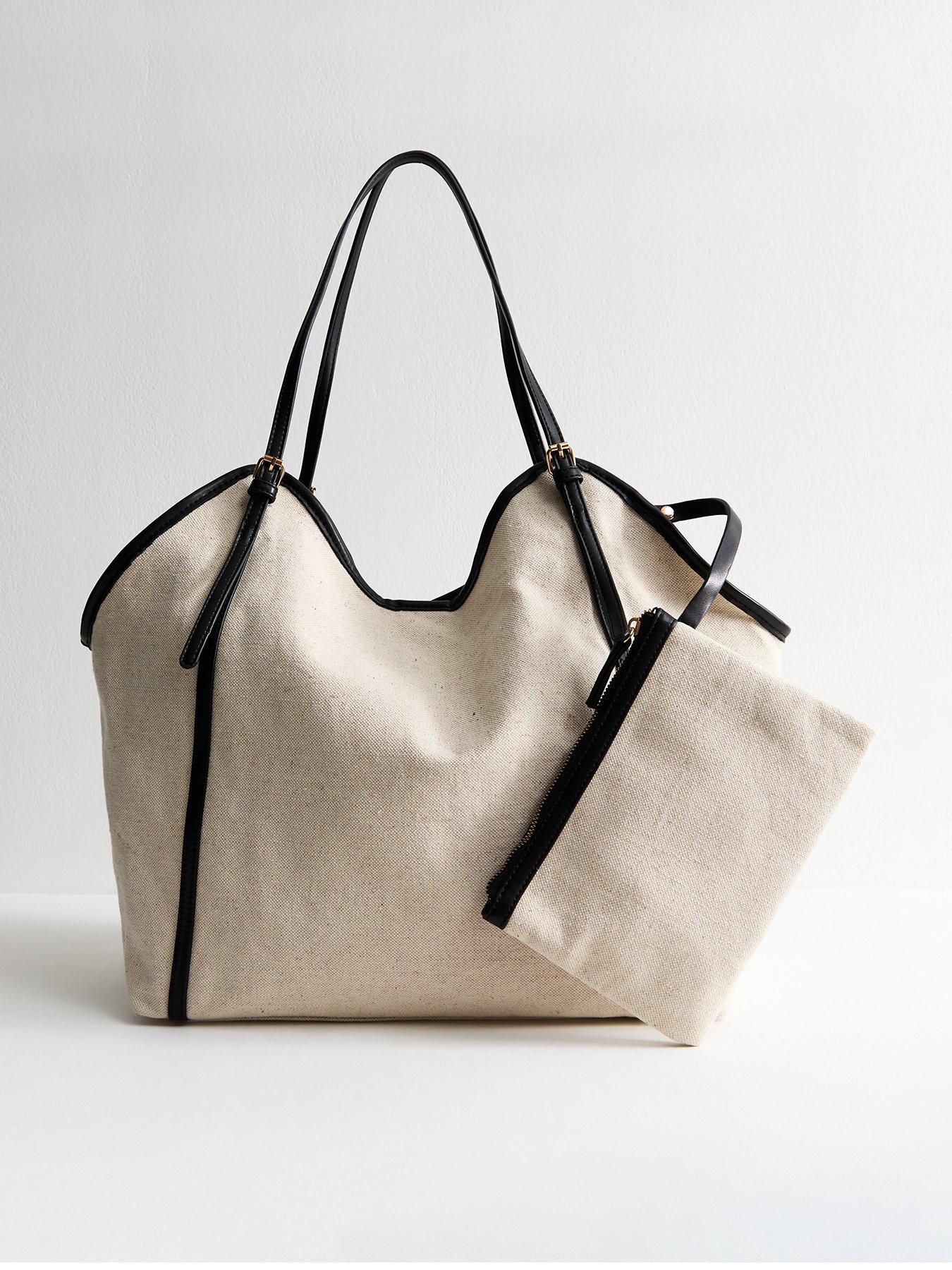 undefined Stone Faux Leather Trim Canvas Tote Bag And Pouch Duo - Beige