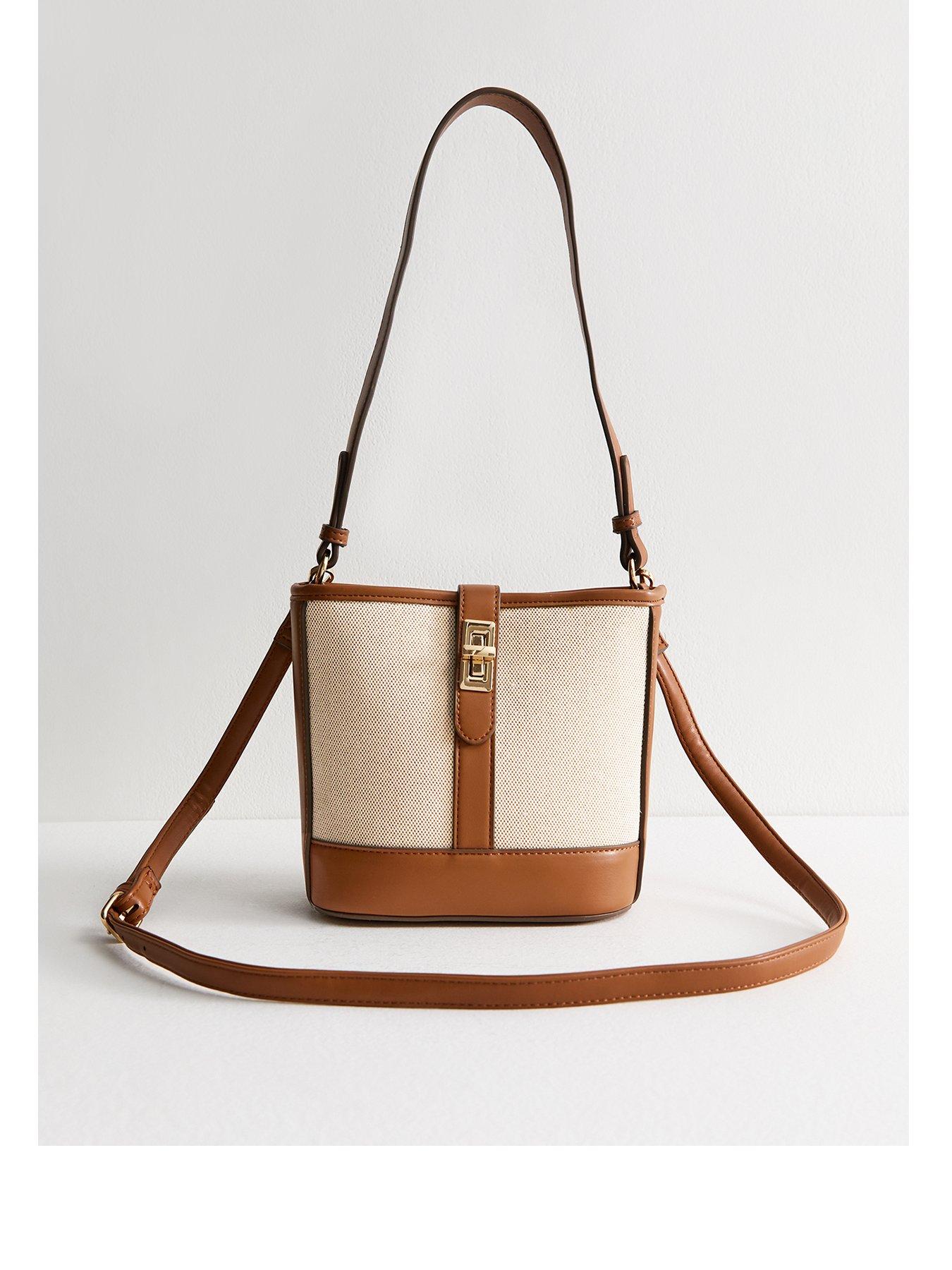 undefined Faux Leather Twist Lock Canvas Bucket Bag - Brown