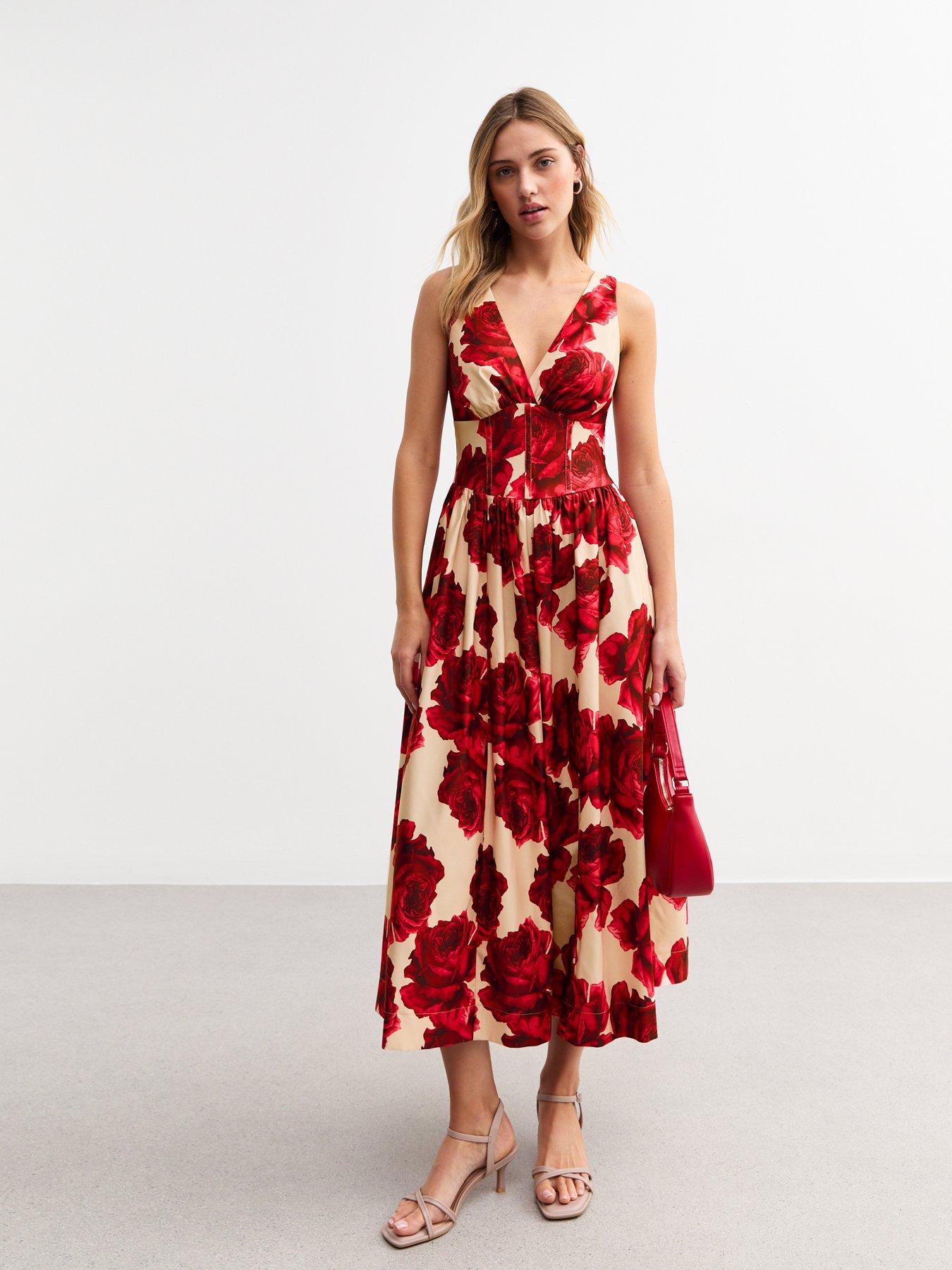 front image of new-look-light-pink-rose-print-corset-midi-dress