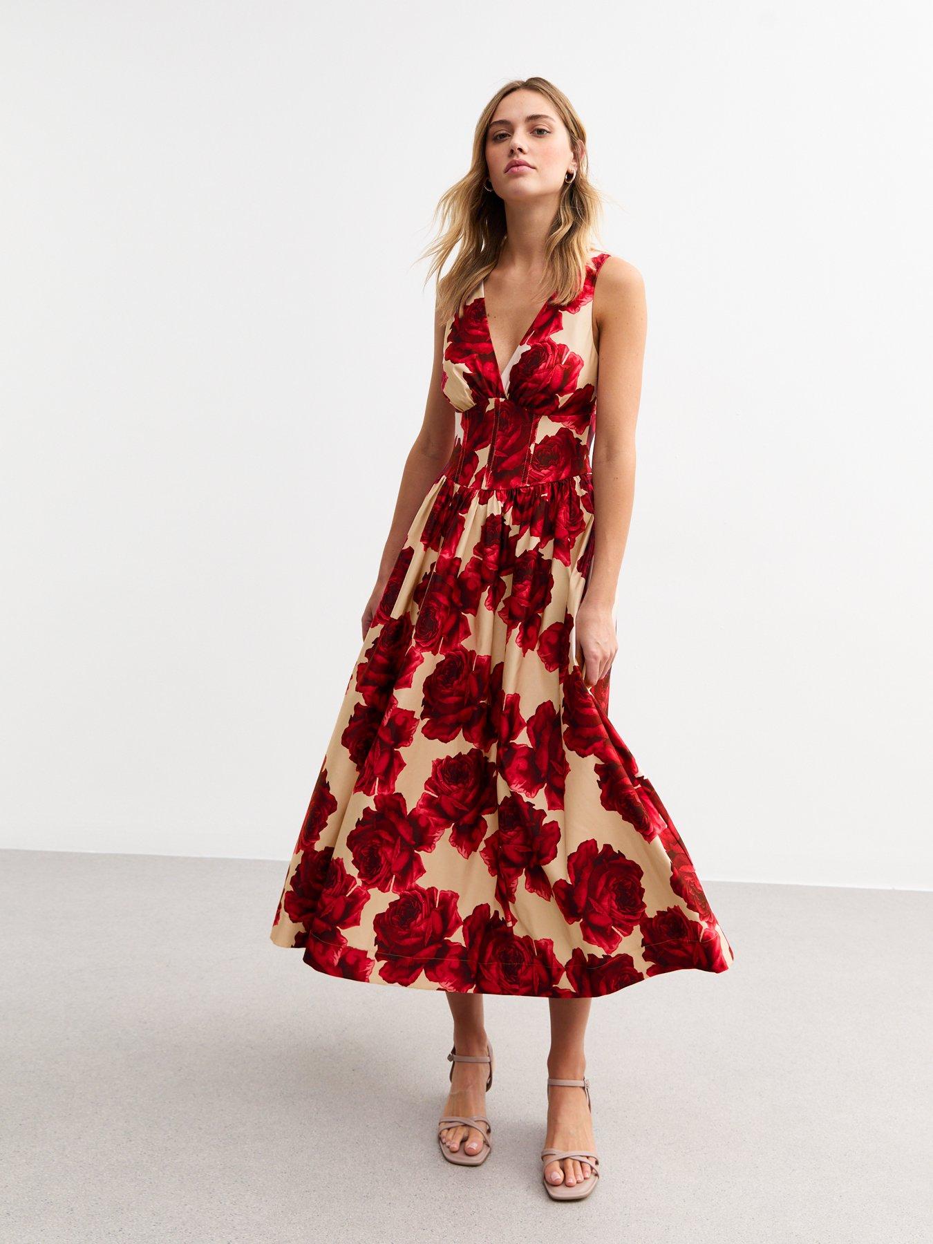  image of new-look-light-pink-rose-print-corset-midi-dress